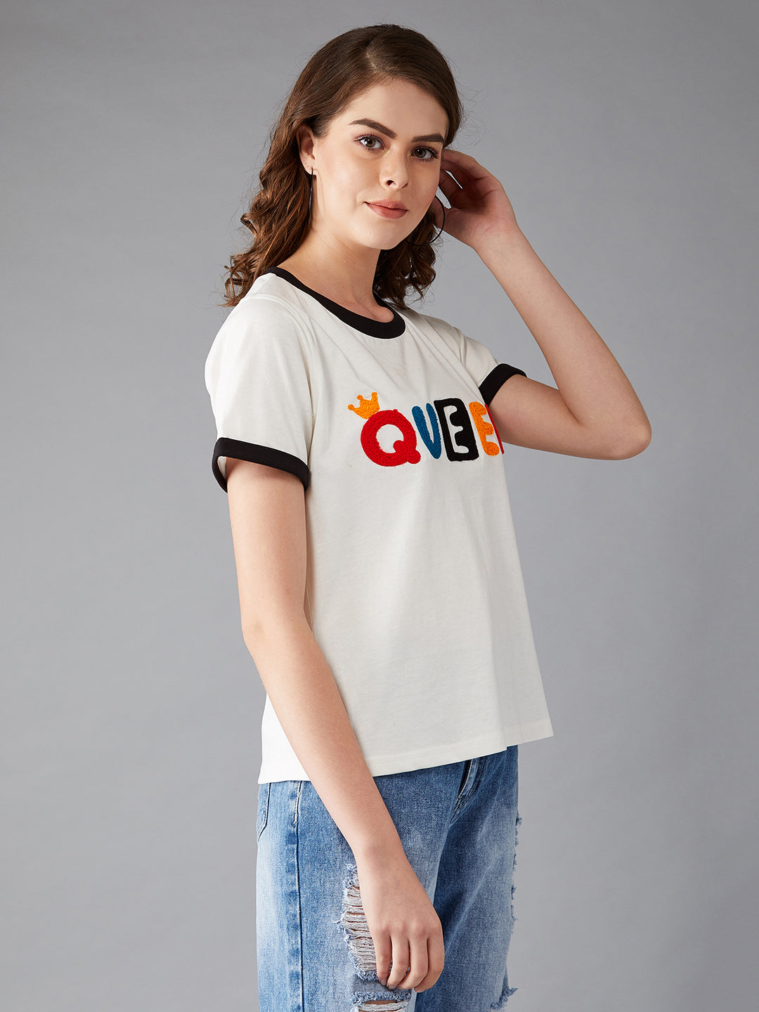 Women's White Round Neck Short Sleeve Printed Basic Regular T-Shirt