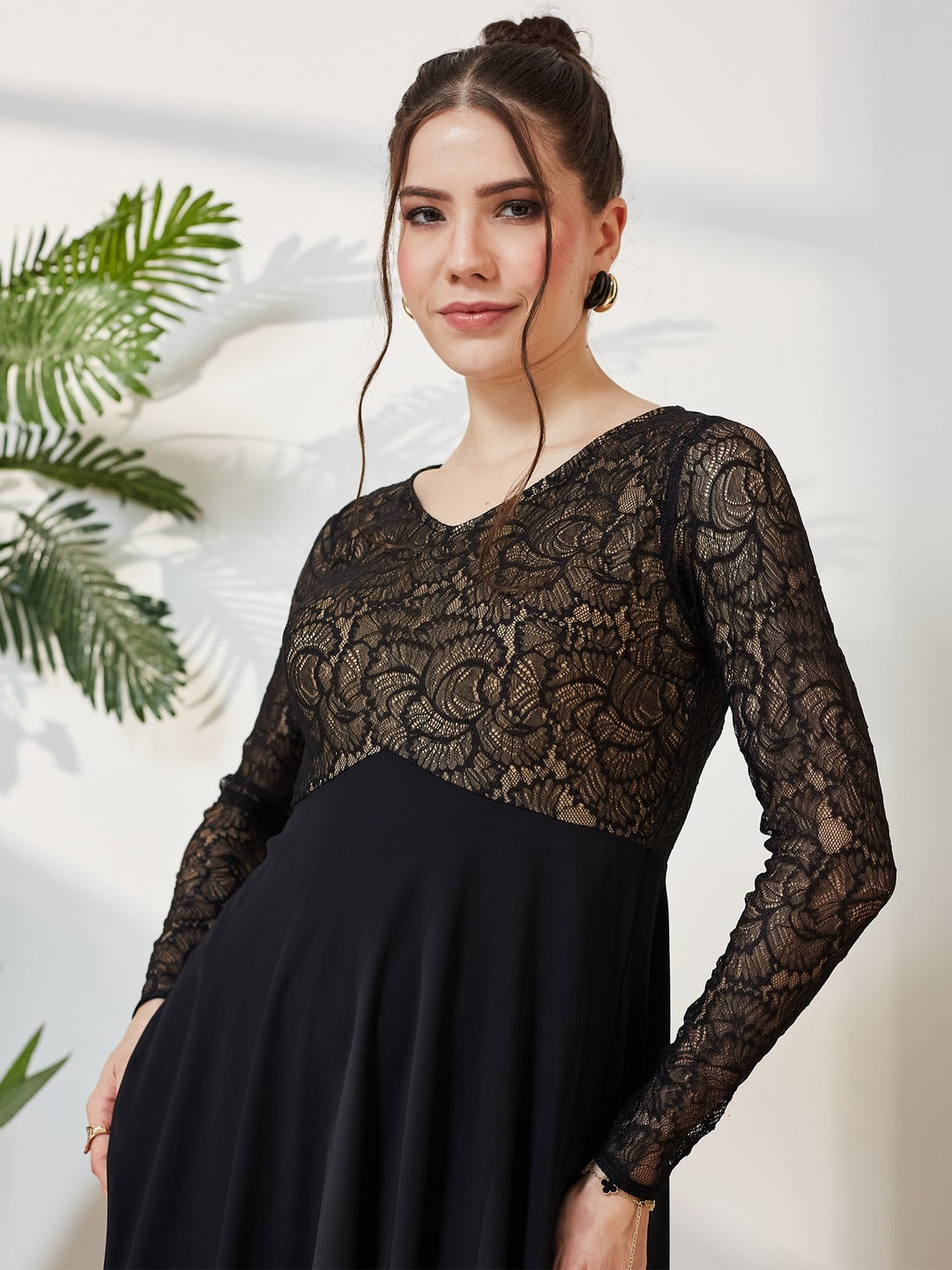 Black V-Neck Full Sleeve Self Design Lace-Overlaid Georgette Maxi Dress for Women