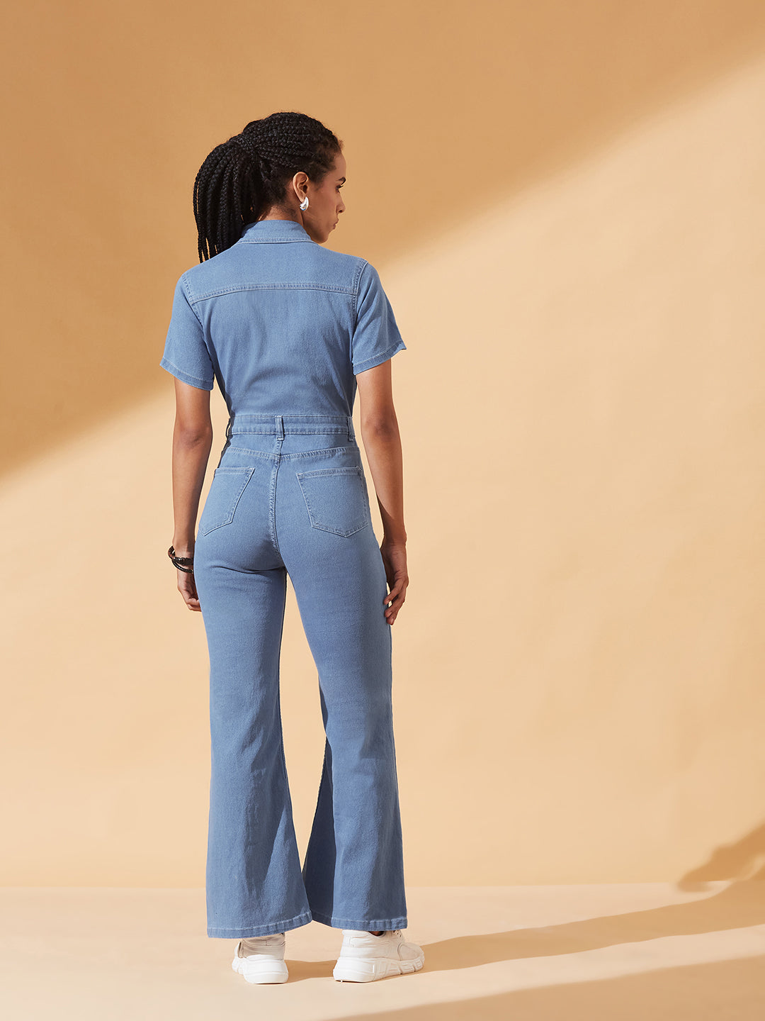 Light Blue Flared High-Rise Stretchable Denim Jumpsuit for Women