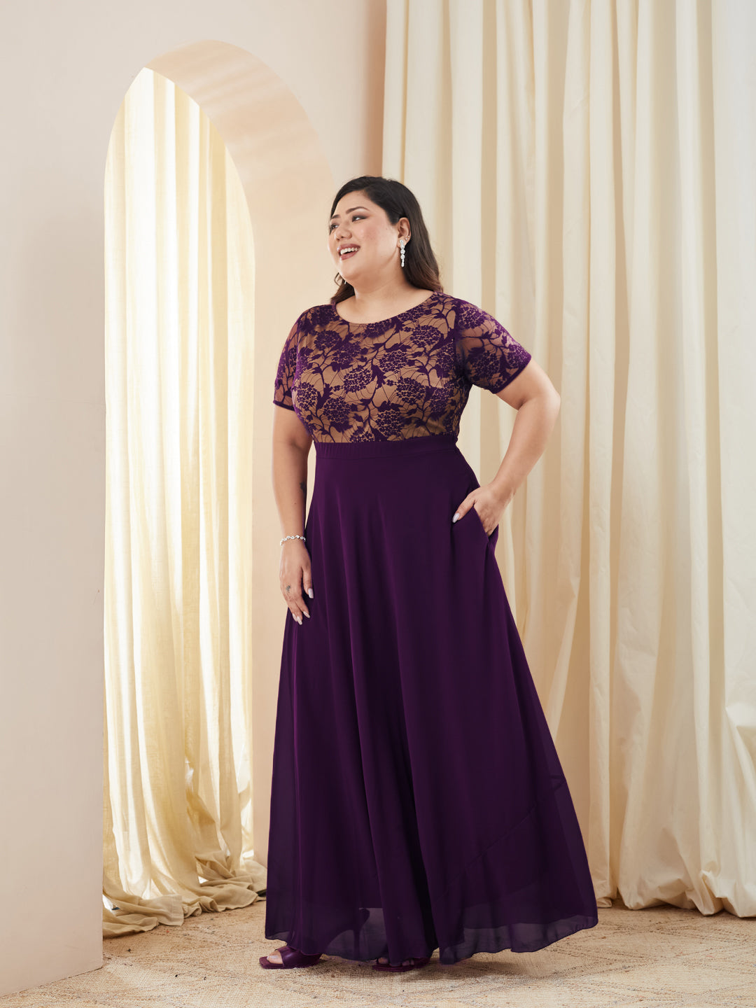Dark Purple Round Neck Half Sleeve Self Design Fit & Flare Georgette Maxi Dress for Women