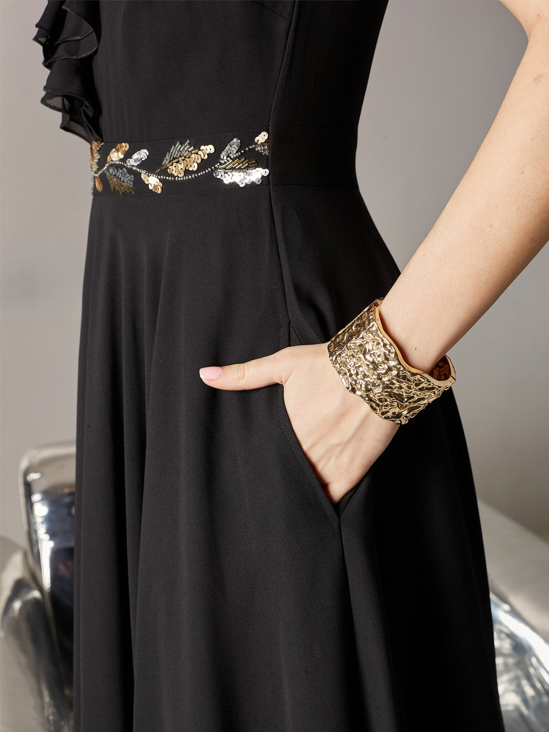 Black Sleeveless Embroidered Ruffled Georgette Maxi Dress for Women