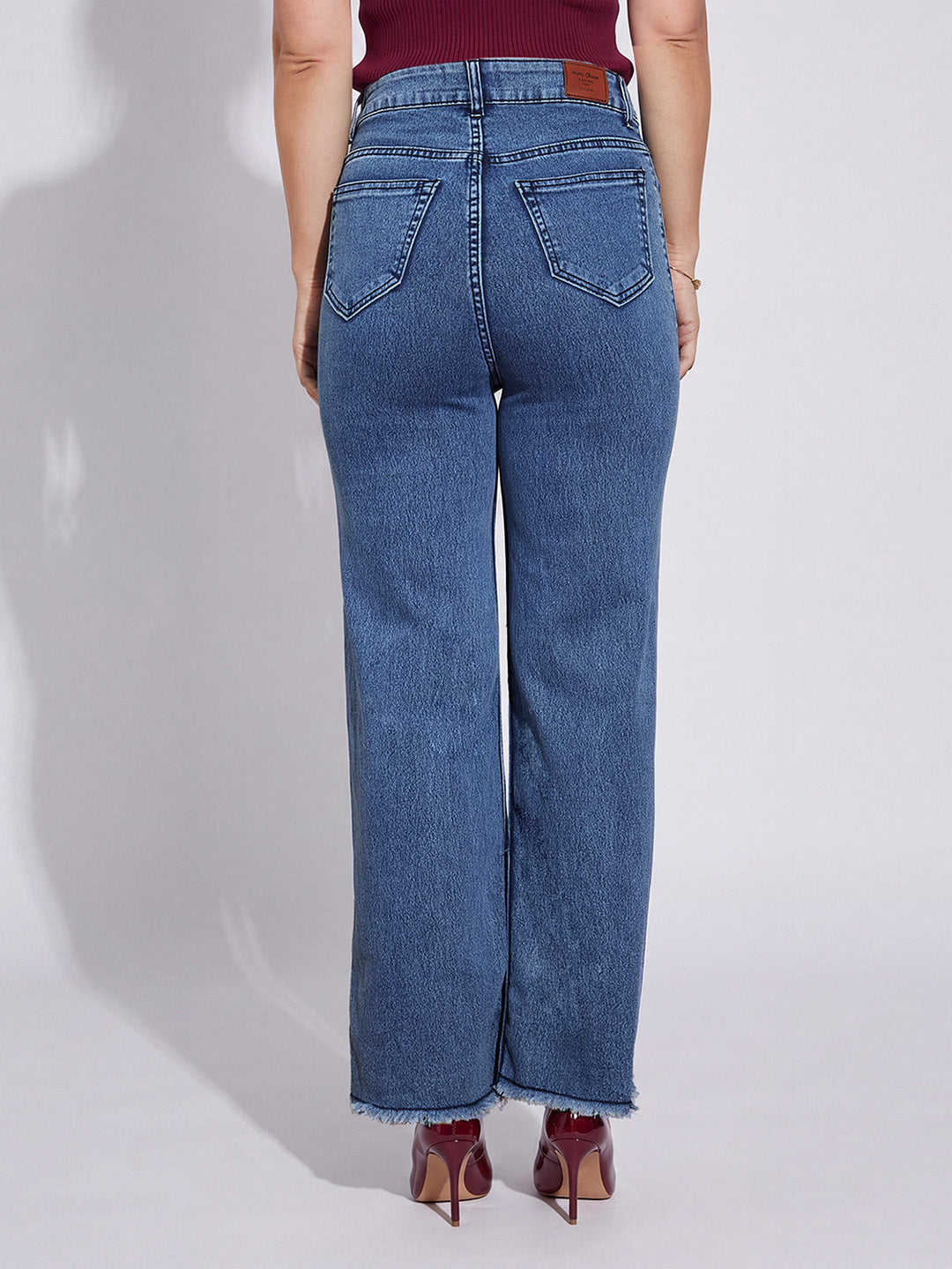 Navy-Blue Wide-Leg High Rise Stretchable Denim Jeans for Women