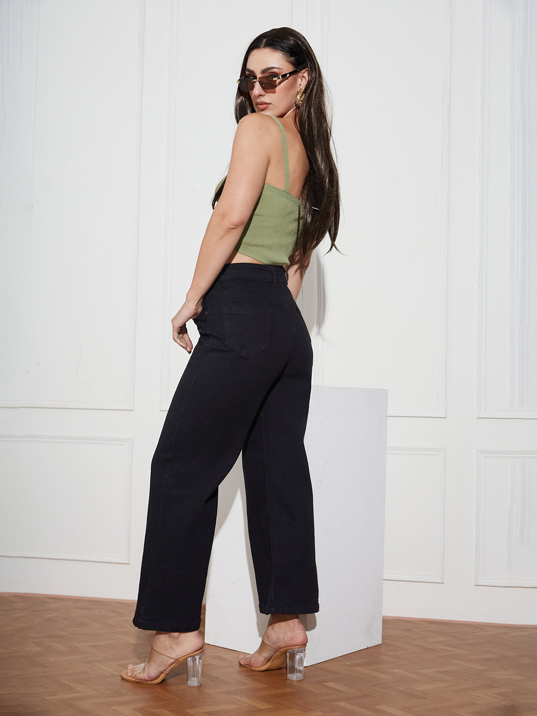 Women's Black Wide-Leg High Rise Clean Look Regular-Length Stretchable Denim Jeans
