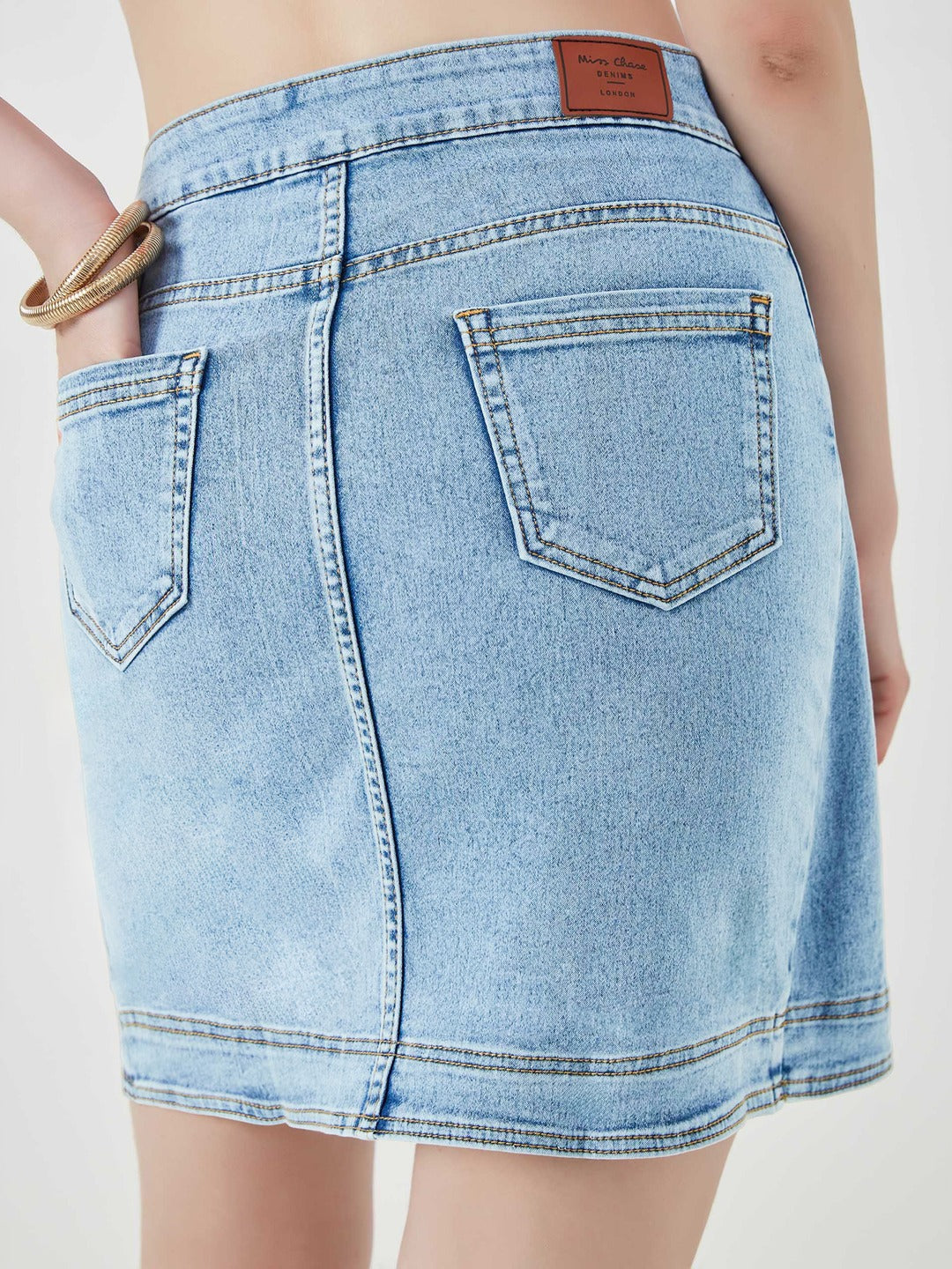 Light Blue Regular high-rise Above Knee Stretchable Denim Skirt for Women