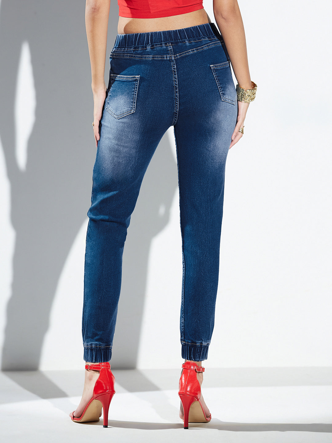 Navy Blue Relaxed Fit Mid-Rise Scraped Denim Stretchable Jogger Pants For Women