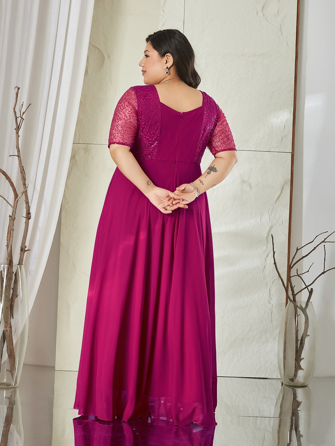 Dusty Pink Square Neck Half Sleeve Solid Embellished Maxi Dress for Women