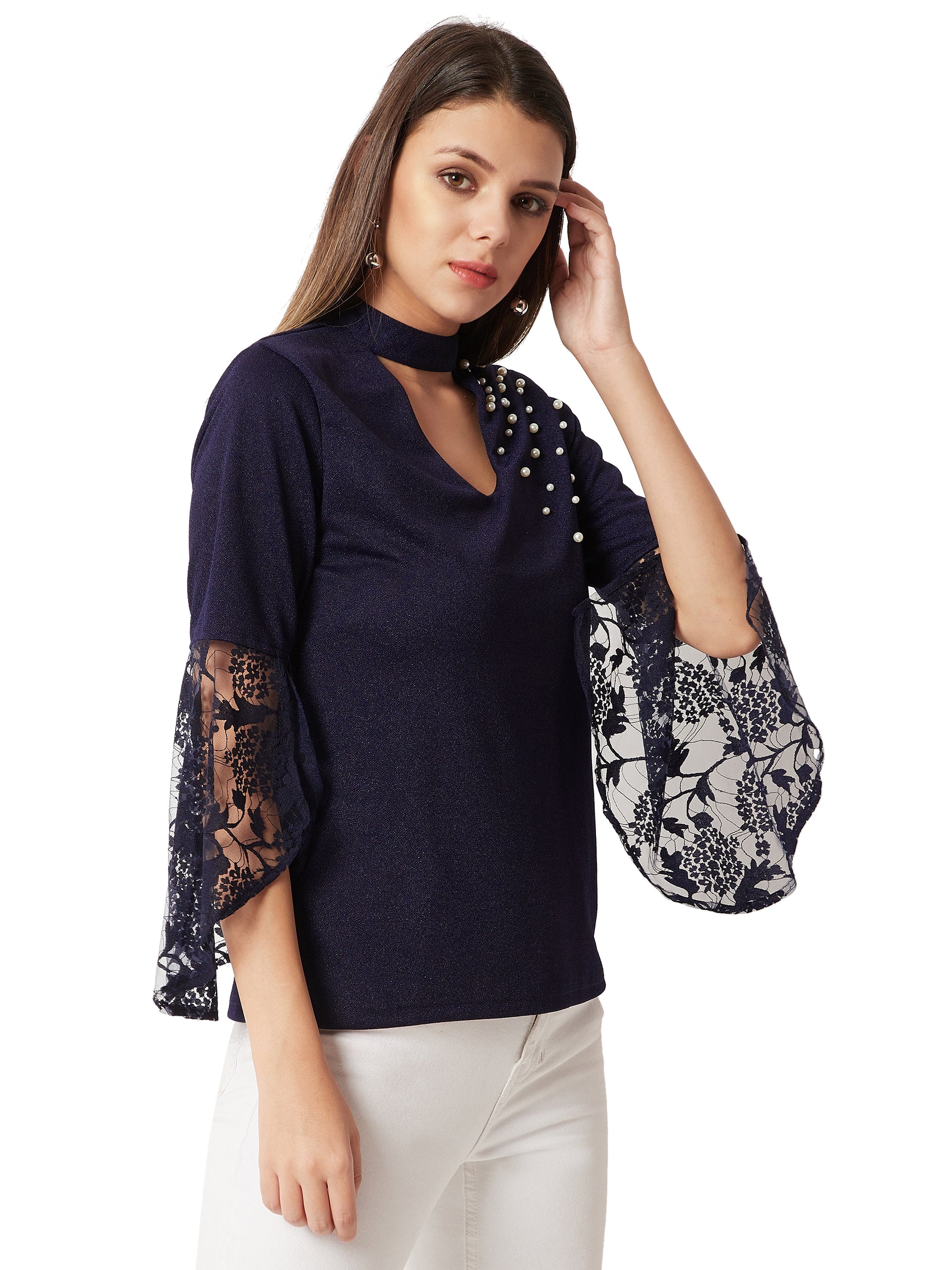 Women's Navy Blue Round Neck Split 3/4 Sleeves Solid Lace Semi Sheer Choker Style Cut-Out Pearl Detailing Top