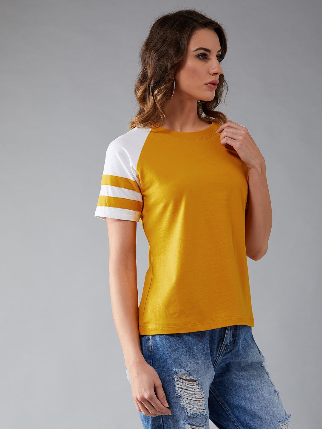 Women's Mustard and white Round Neck Short Sleeve Solid Basic Regular T-Shirt