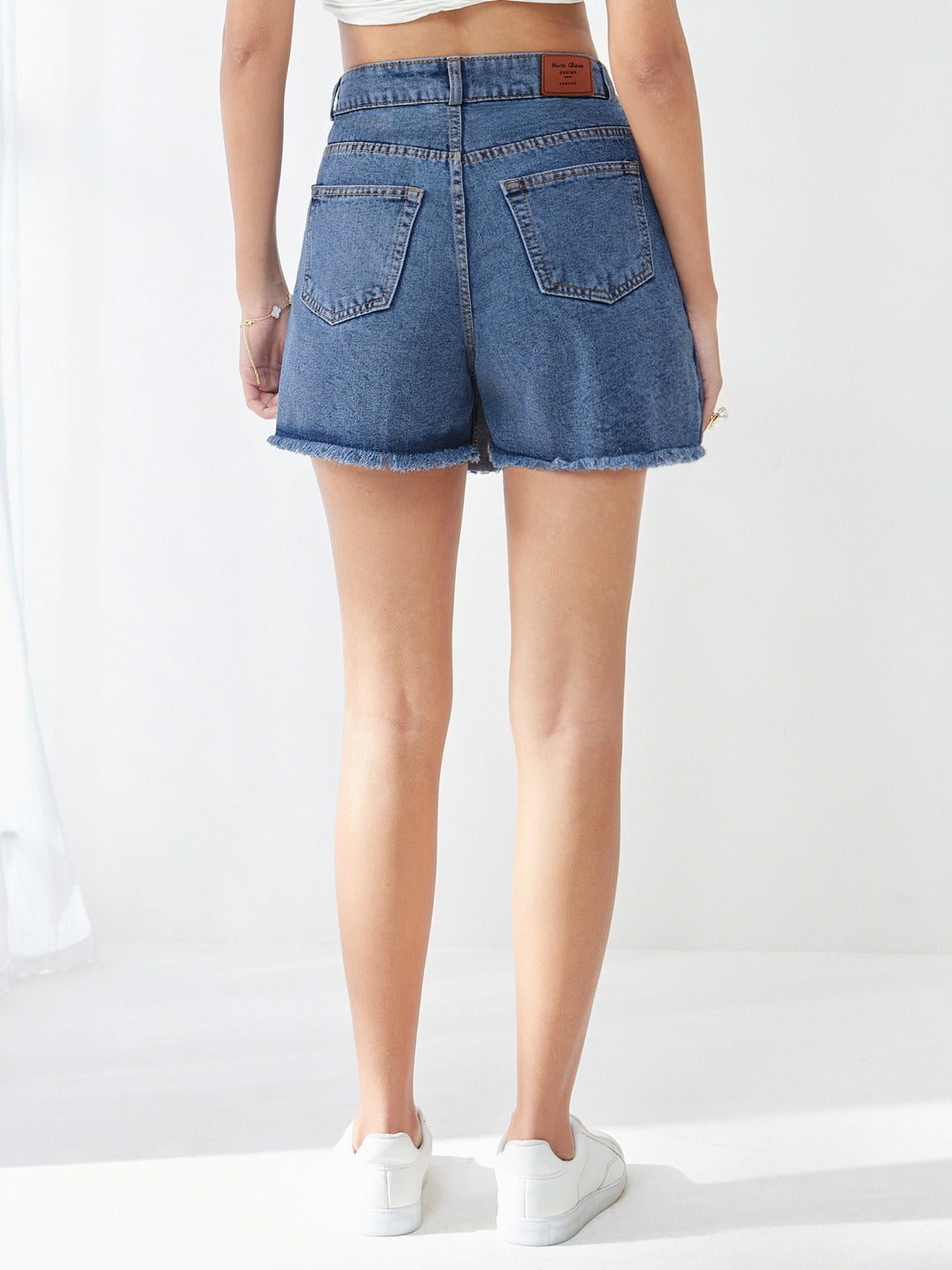 Navy Blue Regular High rise Mild Distress Regular Denim Skorts for Women