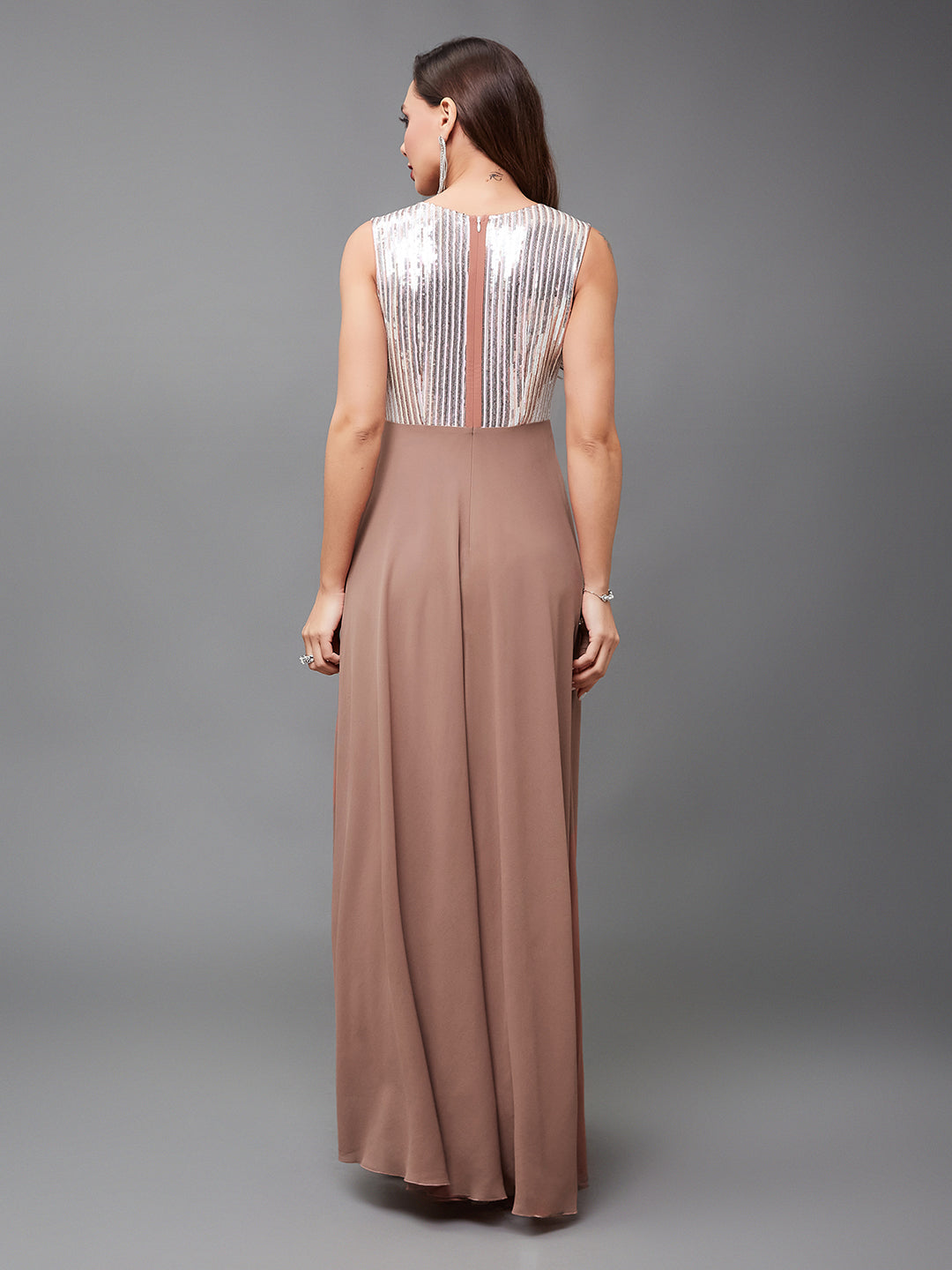 Women's Dusty Peach V-Neck Sleeveless Embellished Wrap Maxi Georgette Dress