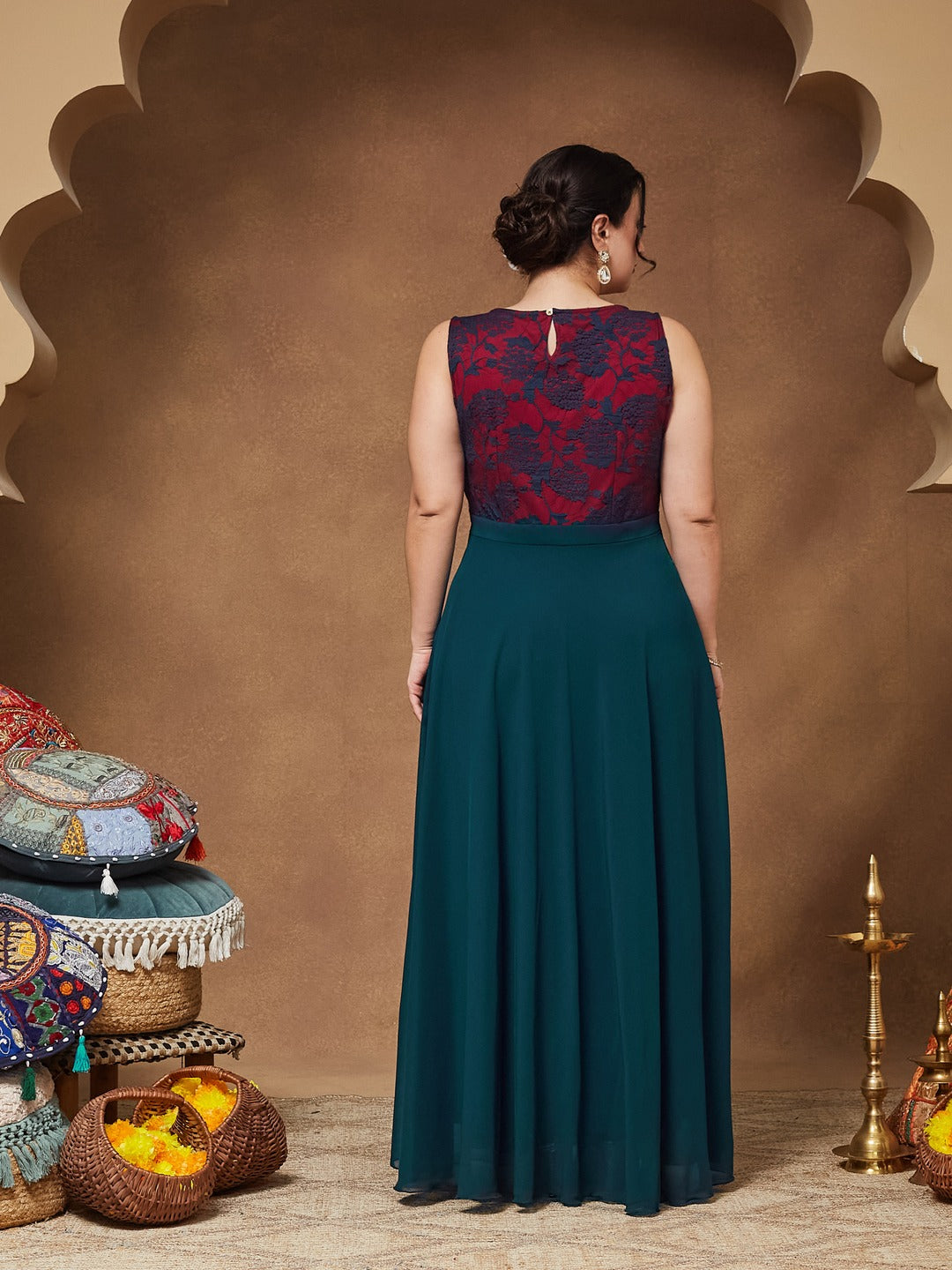 Teal Round Neck Sleeveless Georgette & Lace Floral Fit & Flare Maxi Dress for Women — Miss Chase A+