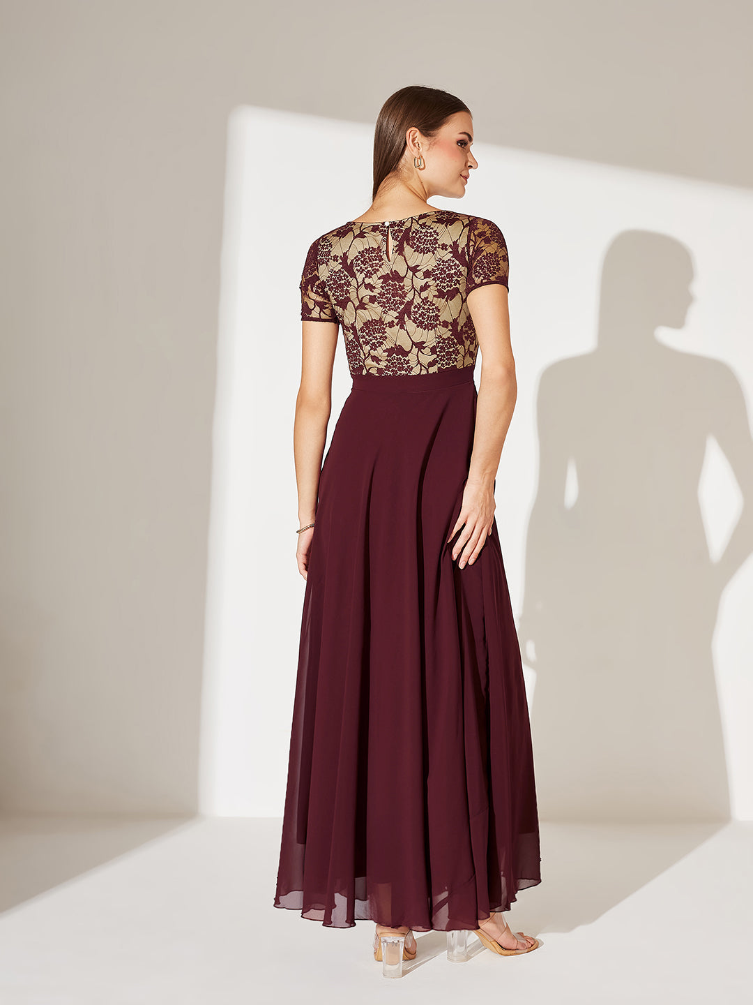 Women's Wine & Beige Relaxed Fit Regular Georgette Dress