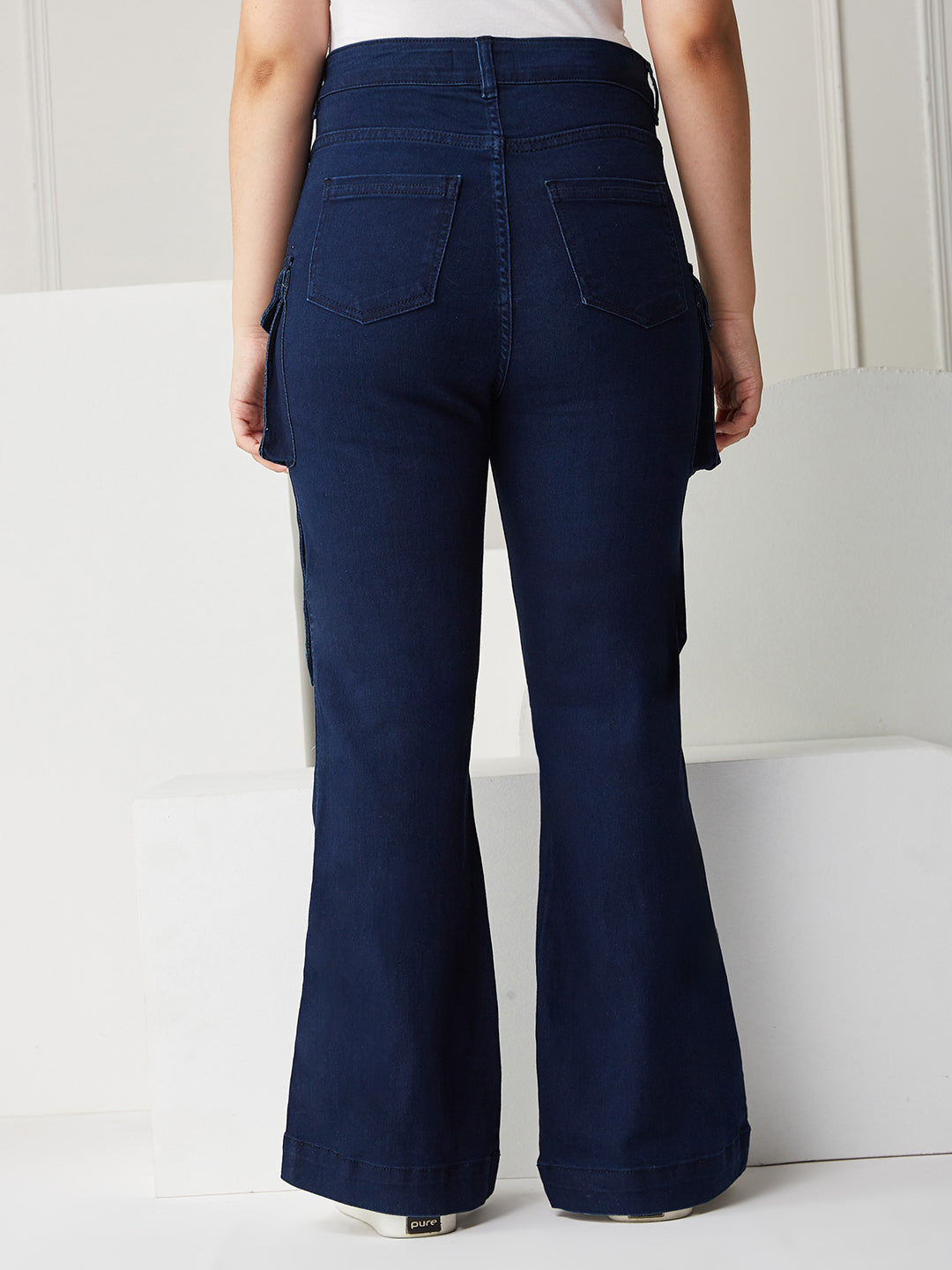 Navy Blue Bootcut High-rise Clean-look Regular Stretchable Denim Jeans