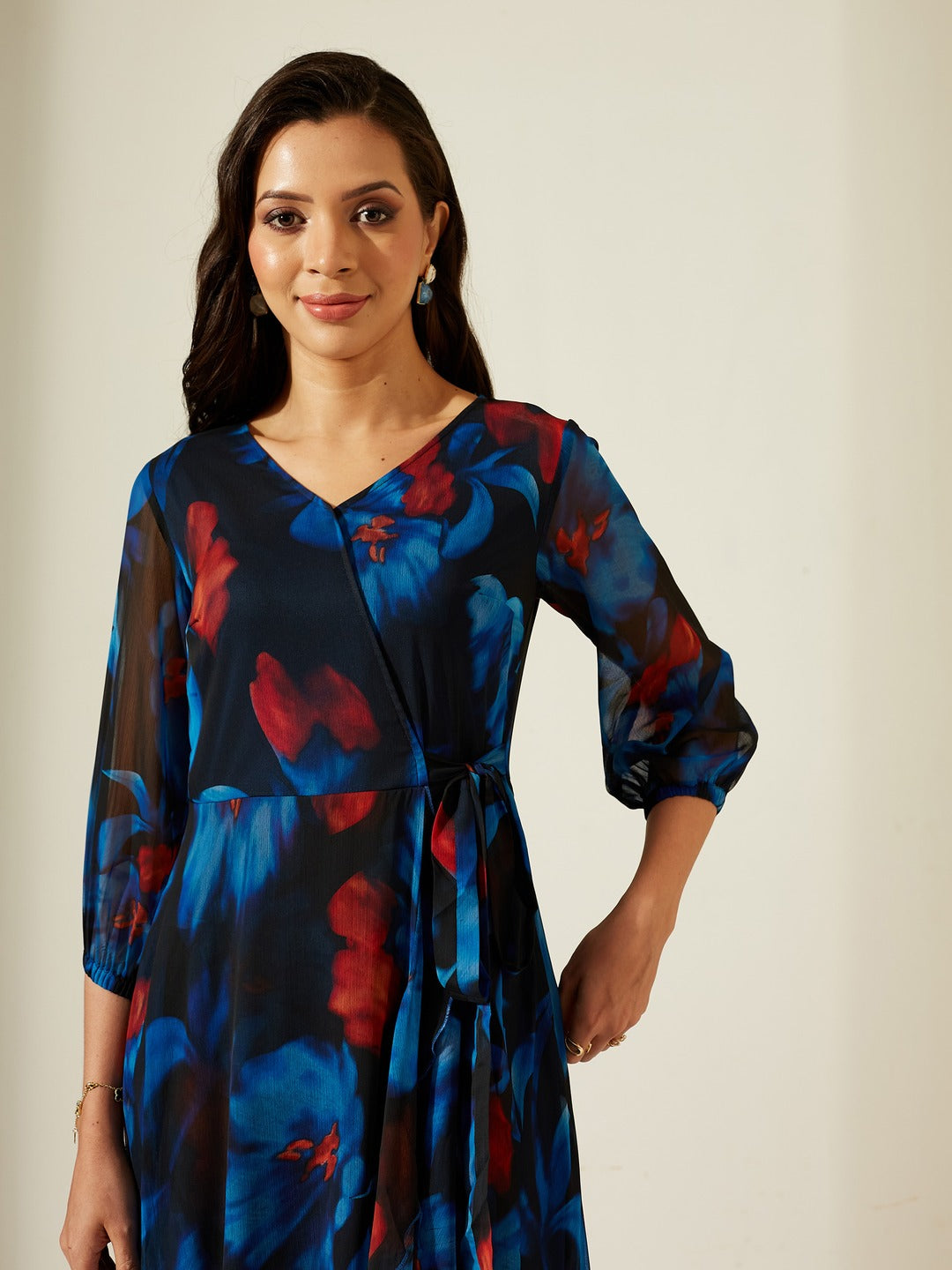Black Floral V-Neck 3/4 Sleeve Wrap Chiffon Midi Dress for Women