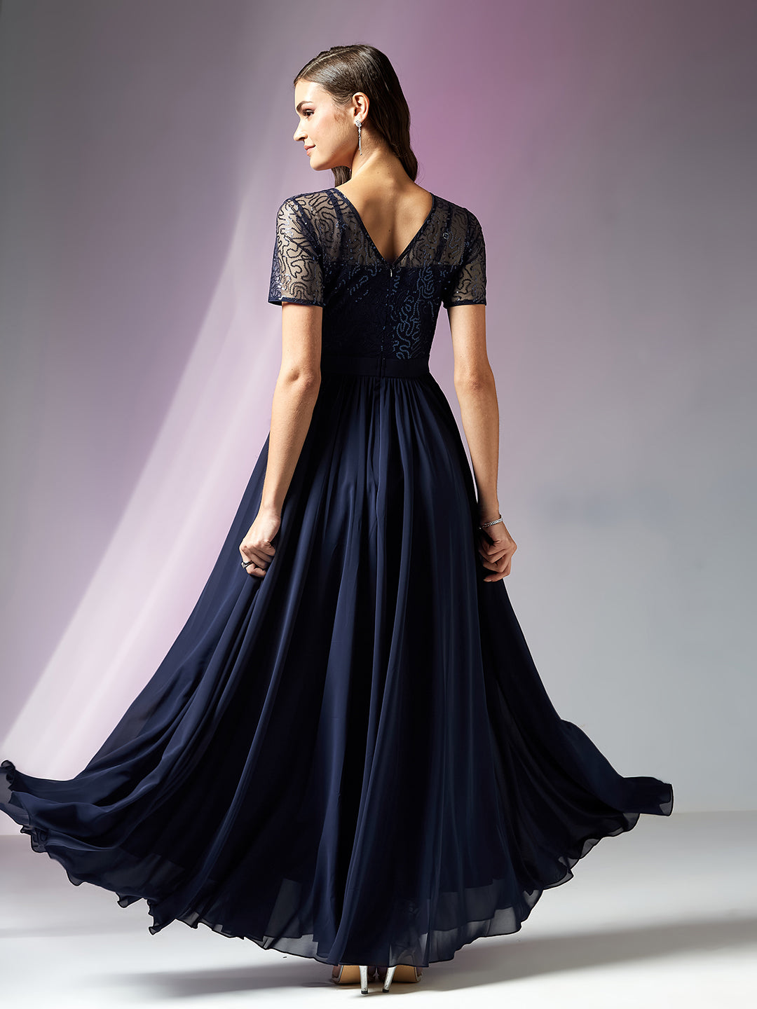 Navy Blue Relaxed Fit Maxi Georgette & Sequins Dress for Women