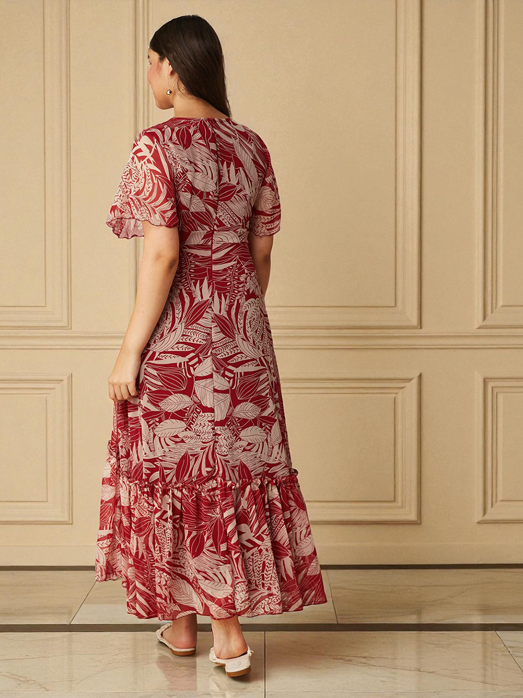Multicolored-Base-Maroon V Neck Flared Sleeve Floral Wrap Maxi Dress for Girls/Teenagers for Women — Mizuki
