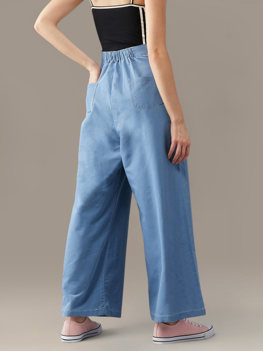 Blue Flared Wide-Leg High Rise Non Stretchable Denim Pants for Women