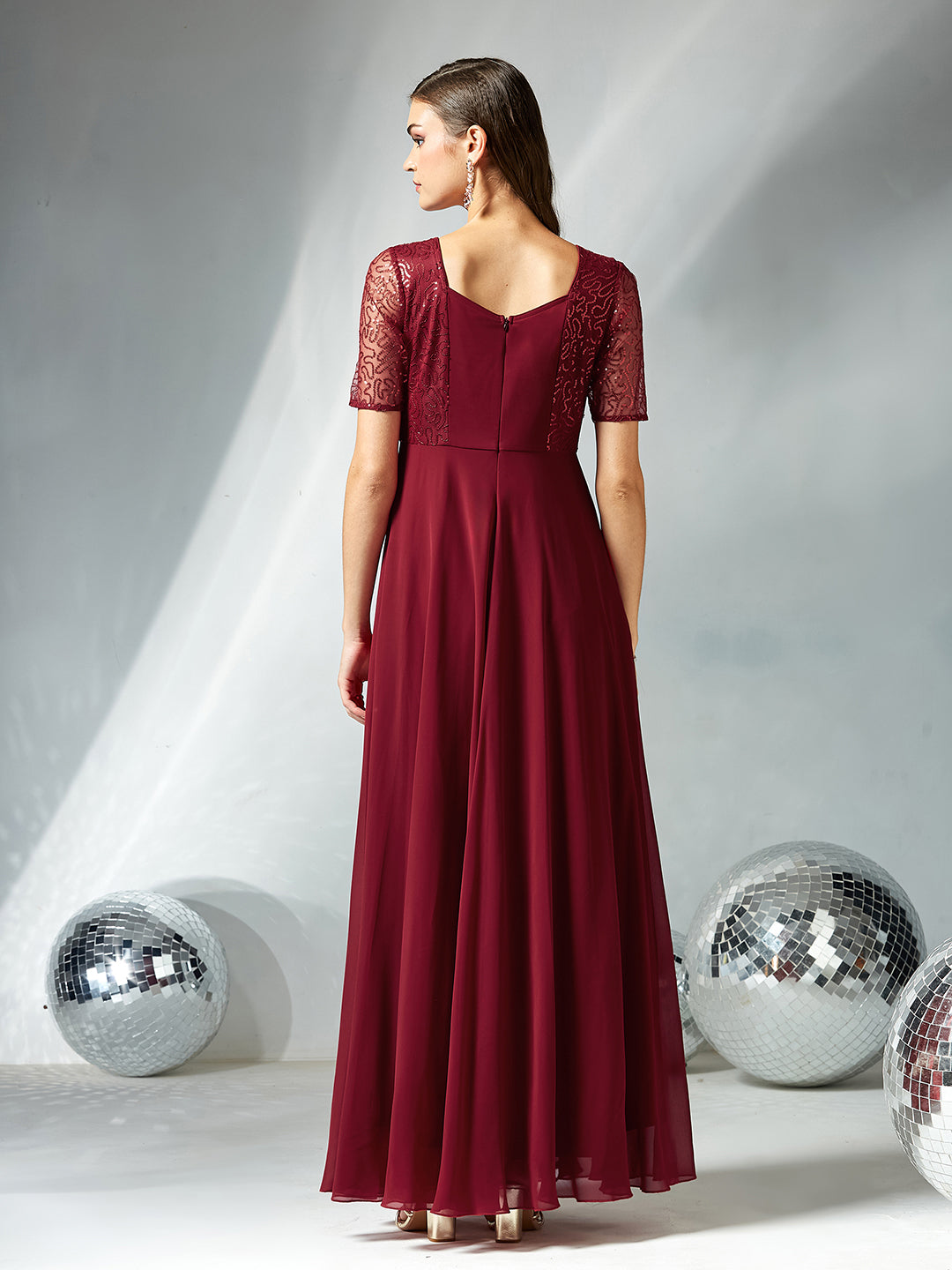 Maroon Square Neck Half Sleeve Solid Embellished Maxi Dress for Women
