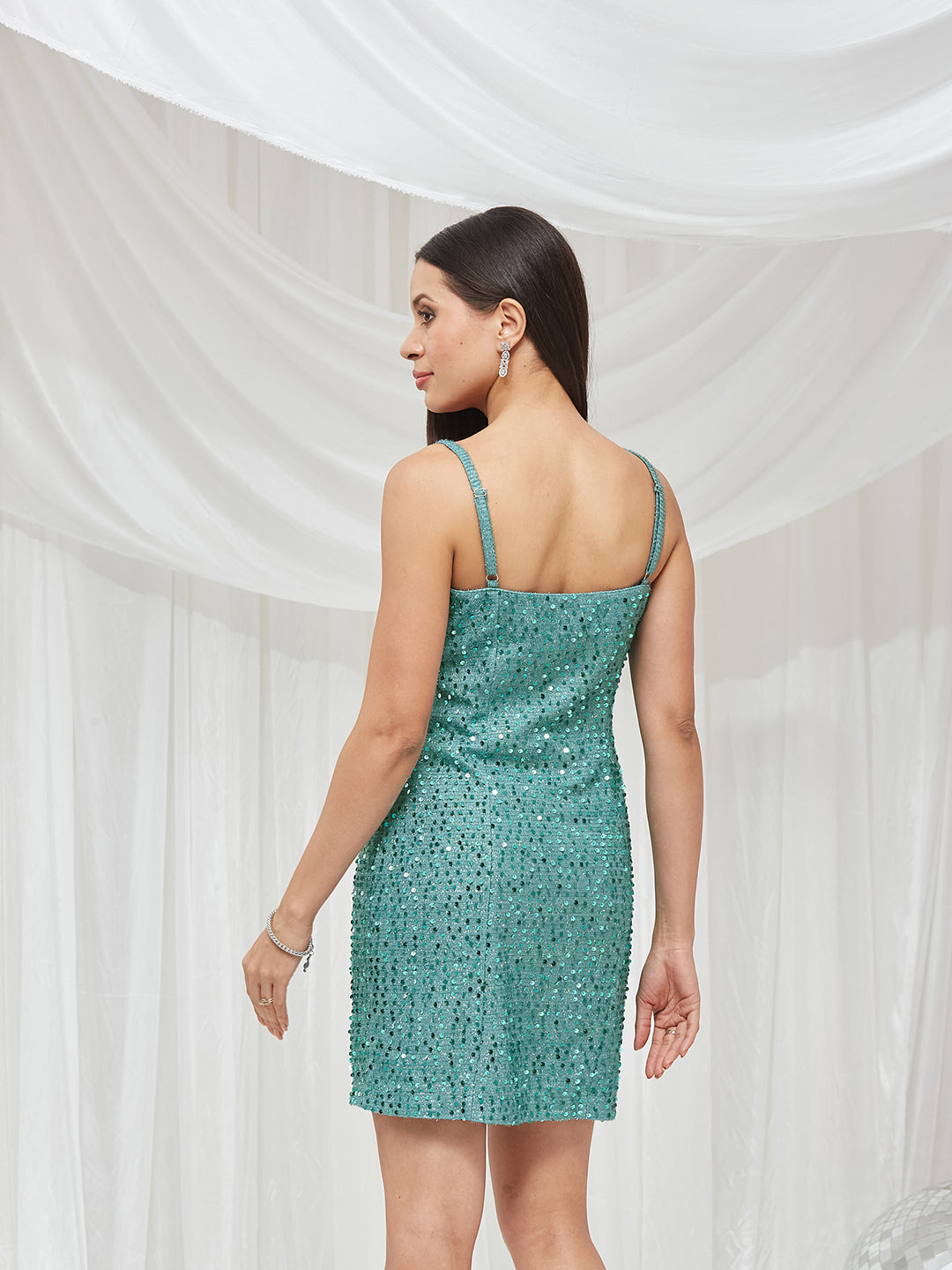 Turquoise Square Neck Sleeveless Embellished Bodycon/ Spaghetti Knee-Long Sequined Dress for Women — Miss Chase