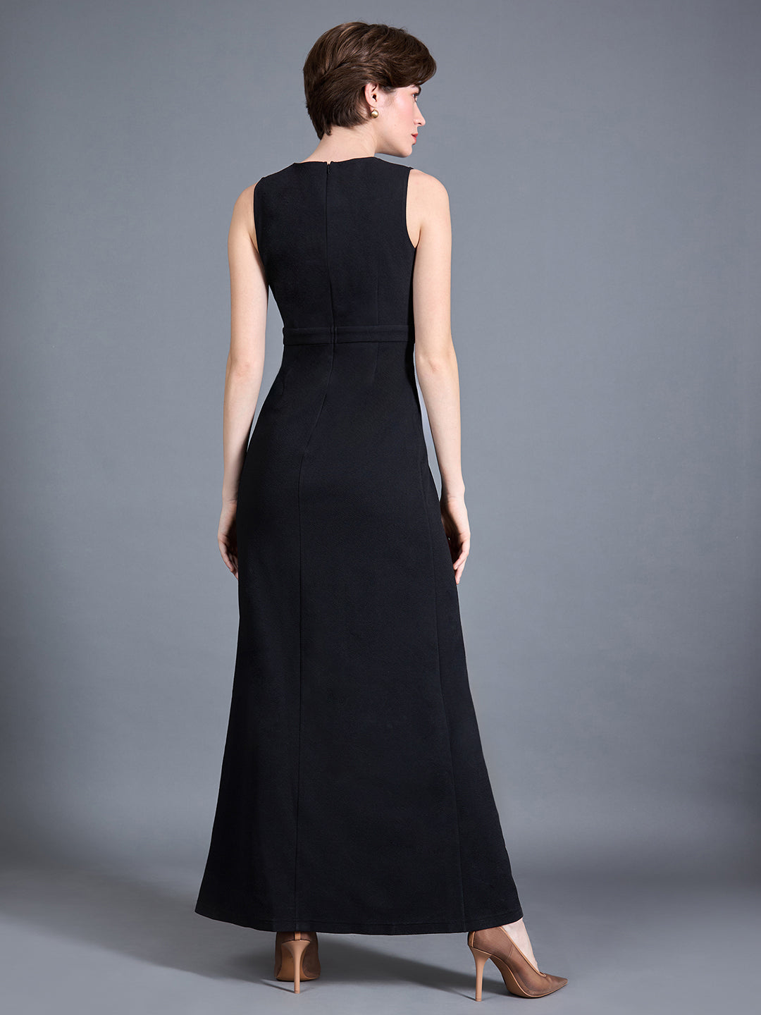 Women's Black V-Neck Sleeveless Solid Side Slit Wrap Maxi Dress