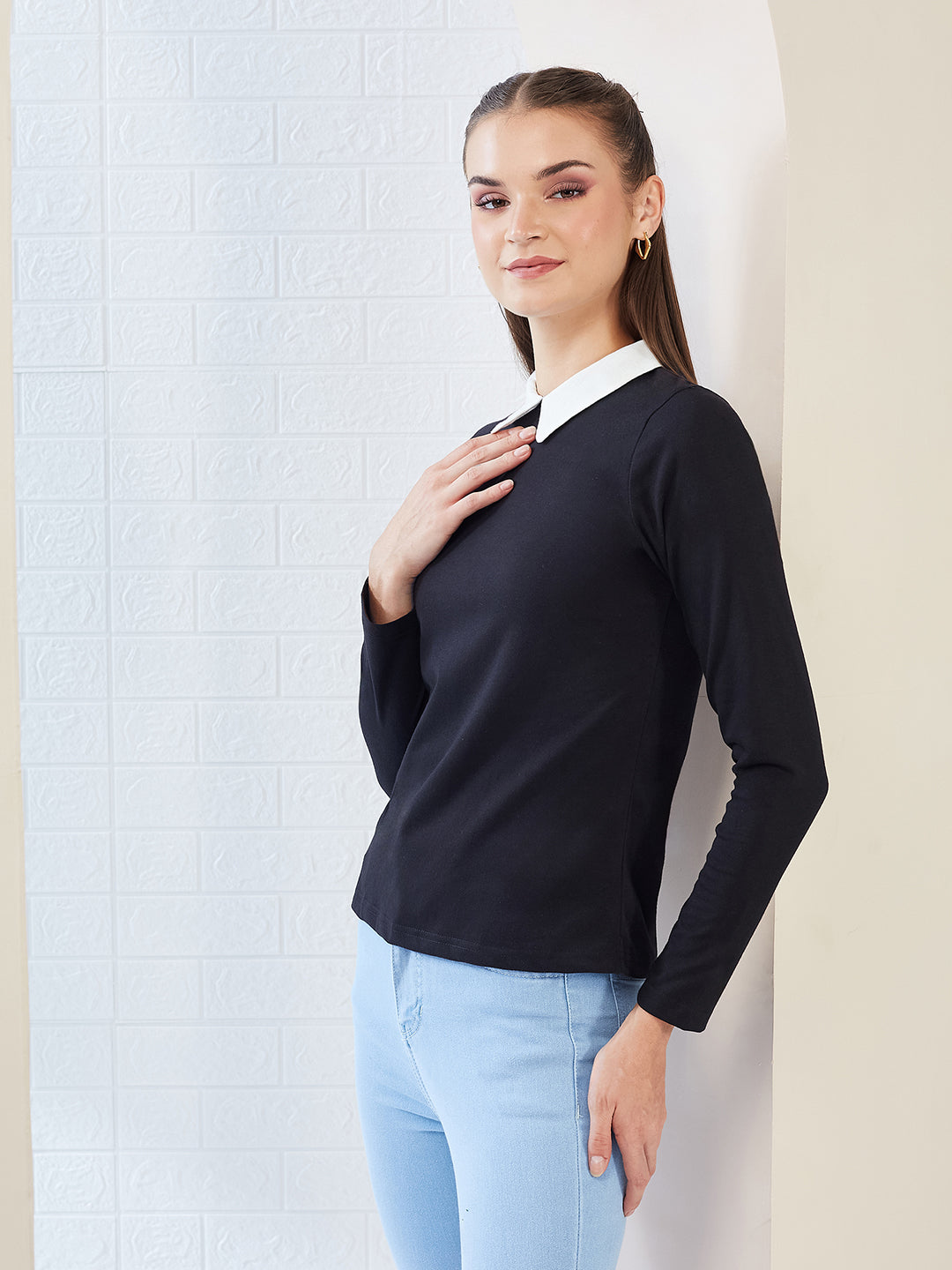 Black Collared Round Neck Full Sleeve Cotton Solid Buttoned Top for Women
