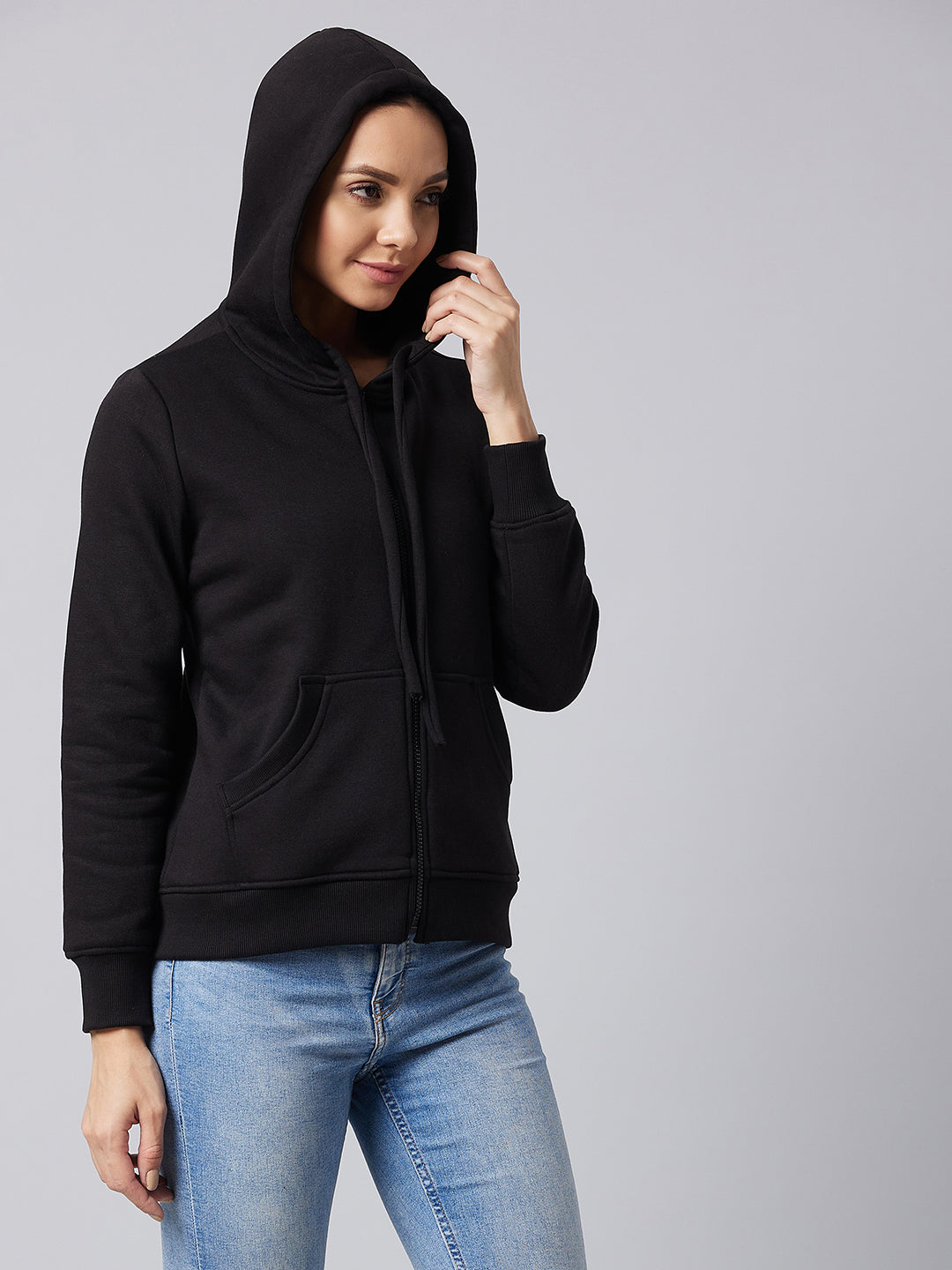 Women's Black Round Neck Full Sleeve Solid Hooded Regular Sweatshirt