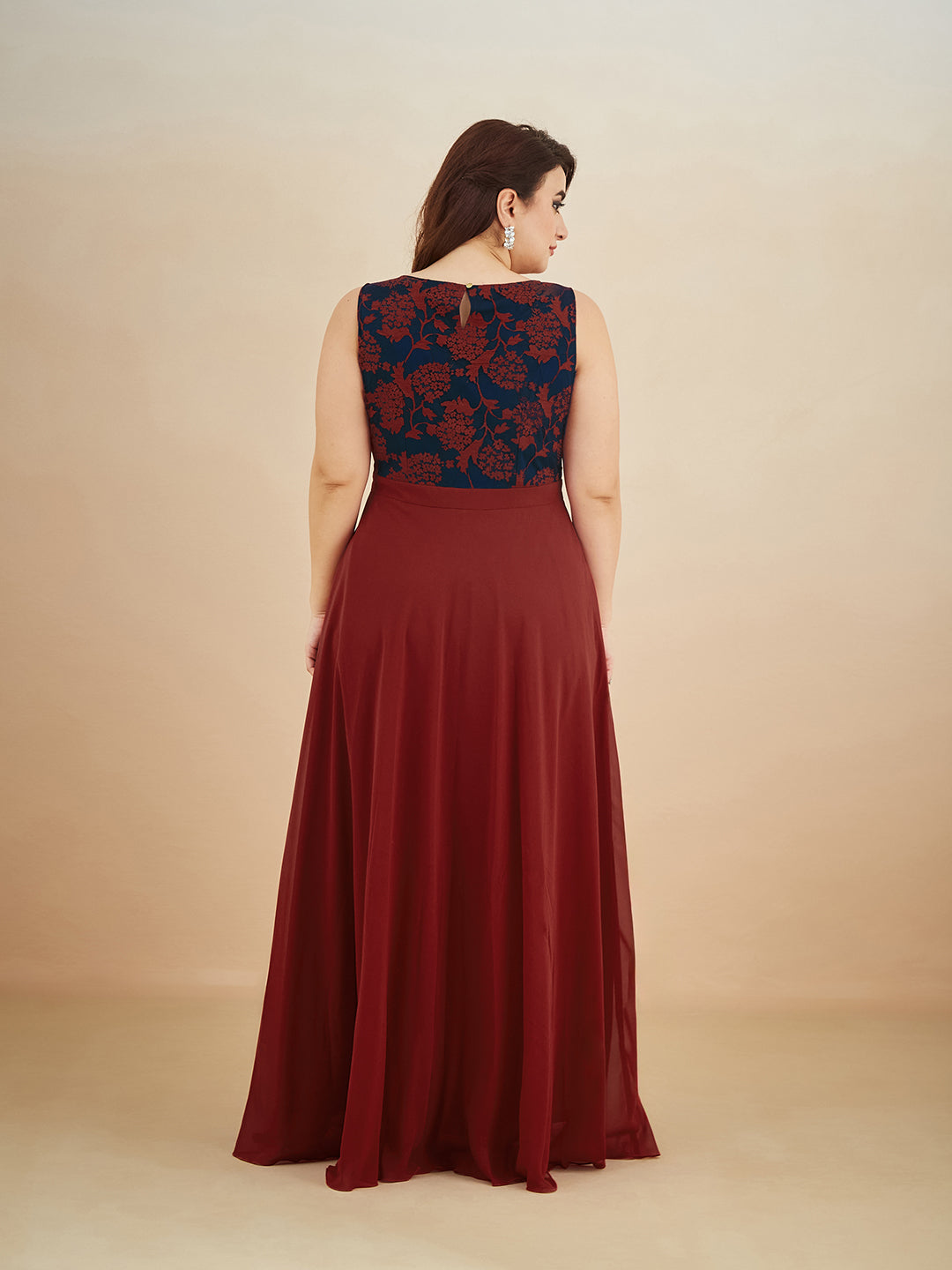 Maroon & Teal Boat-Neck Sleeveless Self Design Lace Overlaid Maxi Dress for Women — Miss Chase A+
