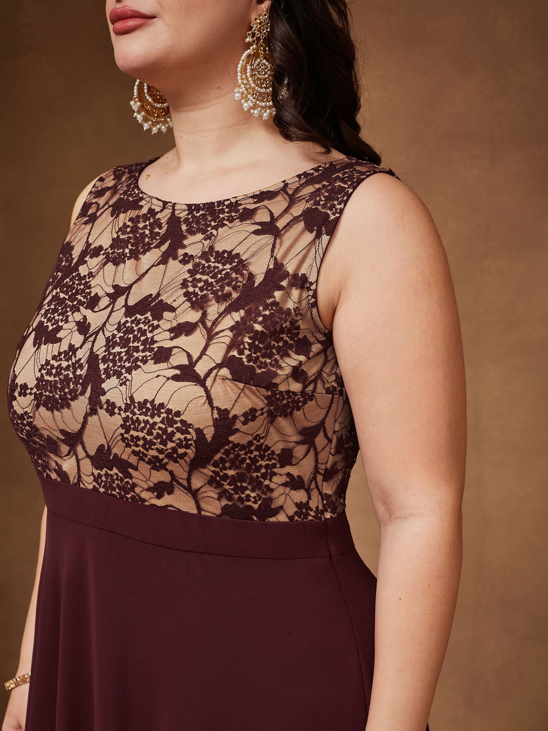 Beige & Wine Round Neck Sleeveless Georgette Floral Lace Fit & Flare Maxi Dress for Women — Miss Chase A+