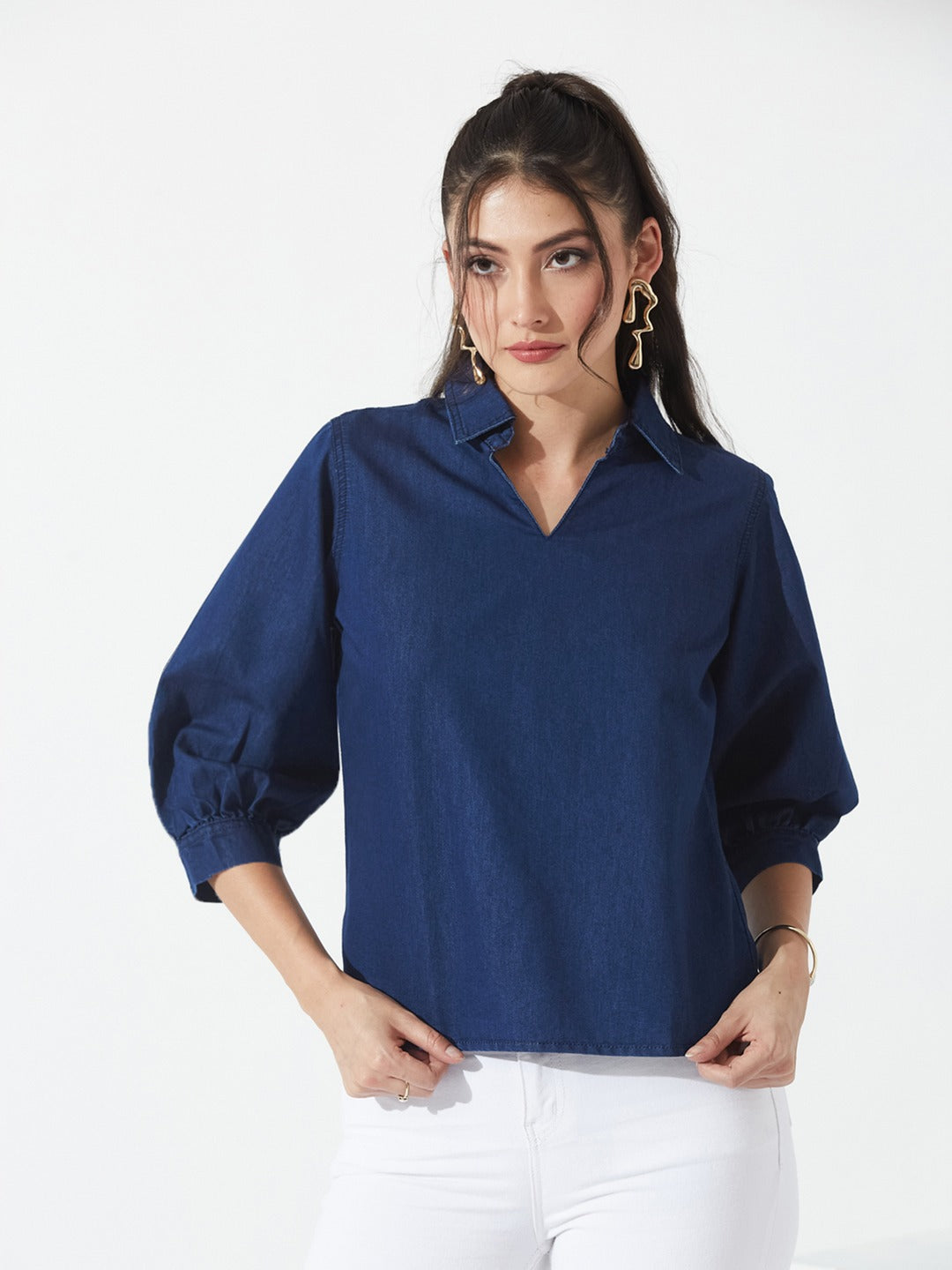 Dark Blue Collar-Neck Puff-Sleeve Solid-Colored Light Weight Denim Tunic Top for Women