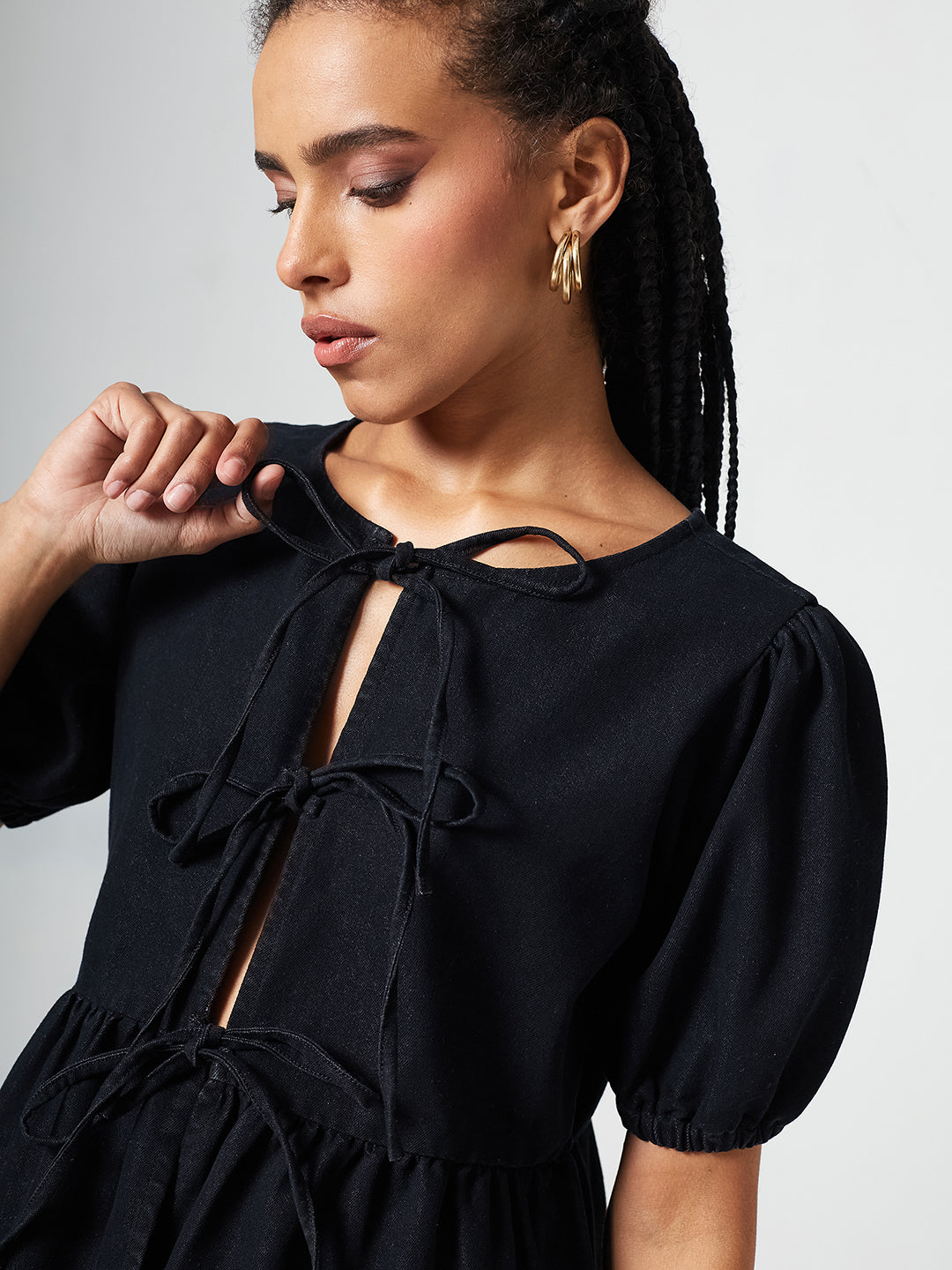Black Round Neck Puff Sleeve Tie-Up Peplum Denim Top for Women