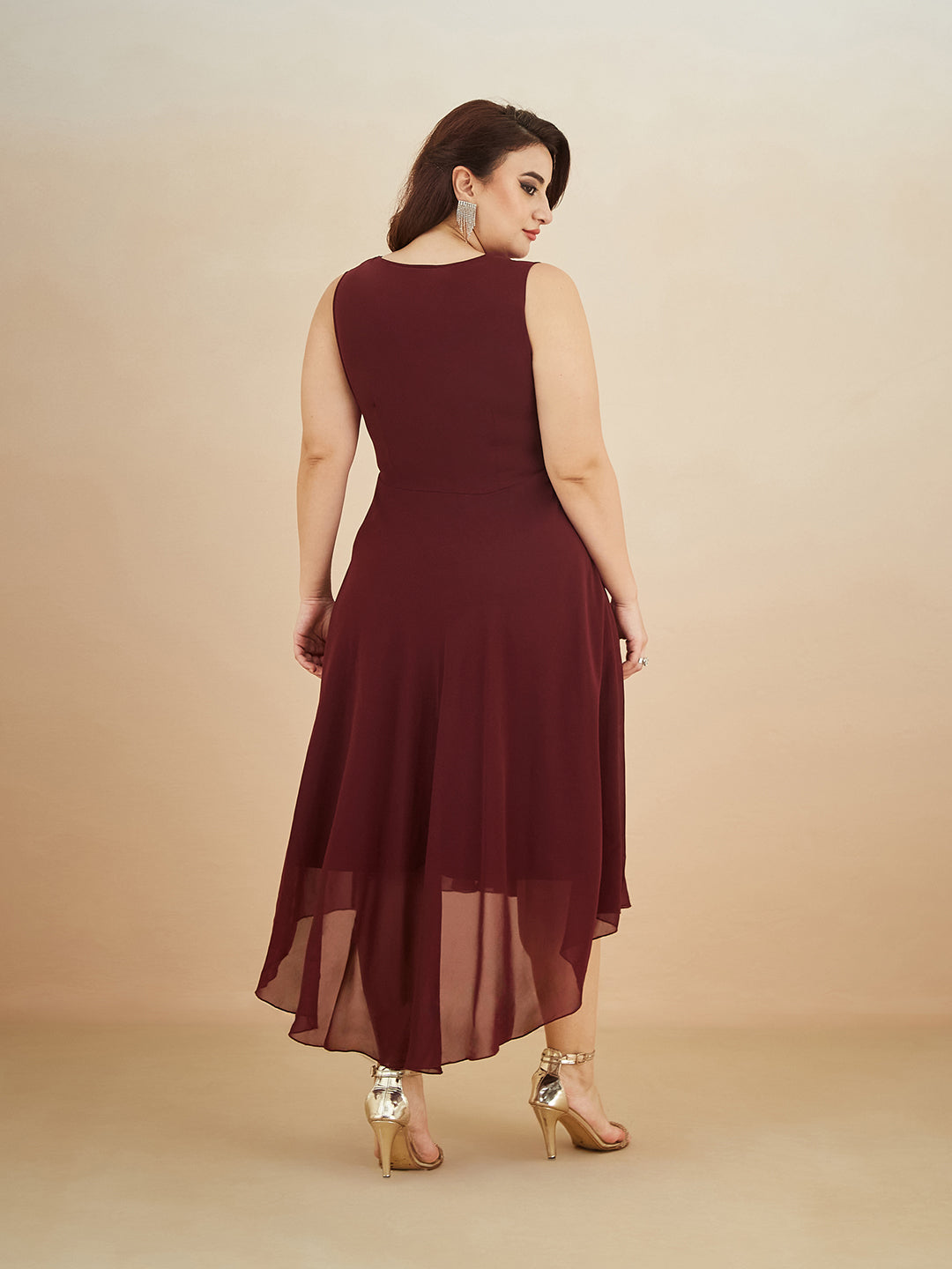 Wine Red V-Neck Sleeveless Solid High-Low Midi Skater Dress for Women