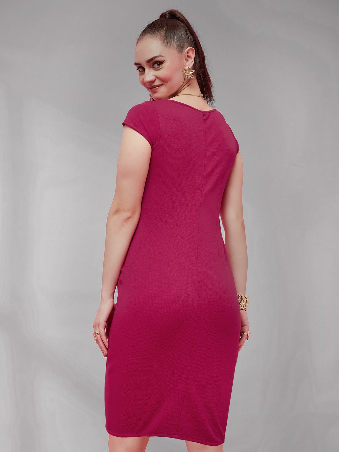 Pink Solid V Neck Cap Sleeves Polyester Side Pocketed Knee Long Dress for Women