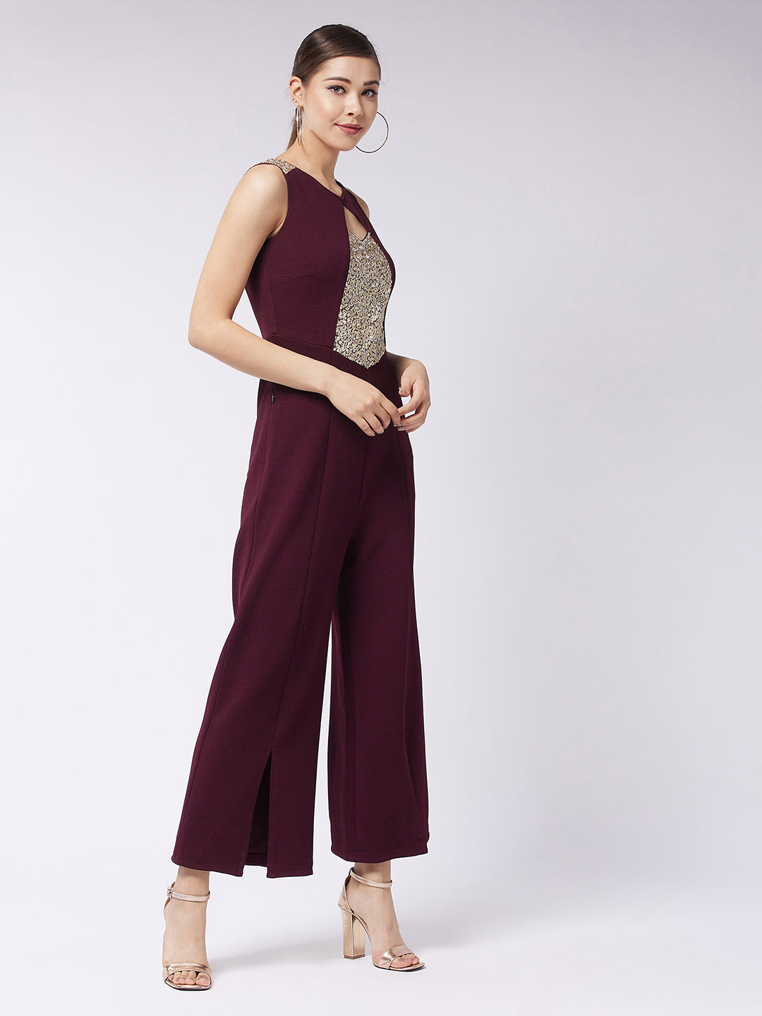 Crease Ease Women's Wine Round Neck Sleeveless Solid Paneled Sequined Party Jumpsuit