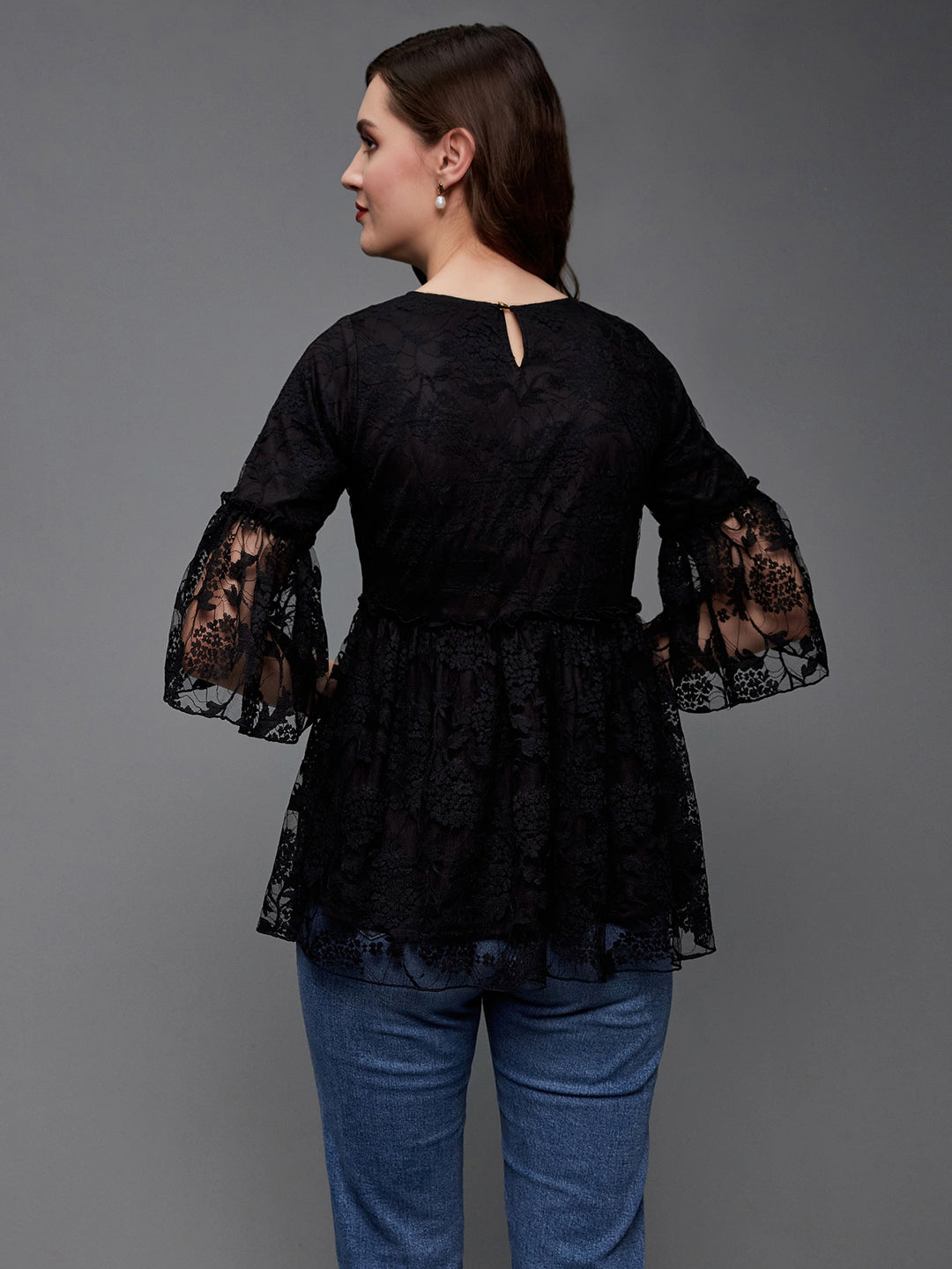 Women's Black Relaxed Fit Regular Lace Top