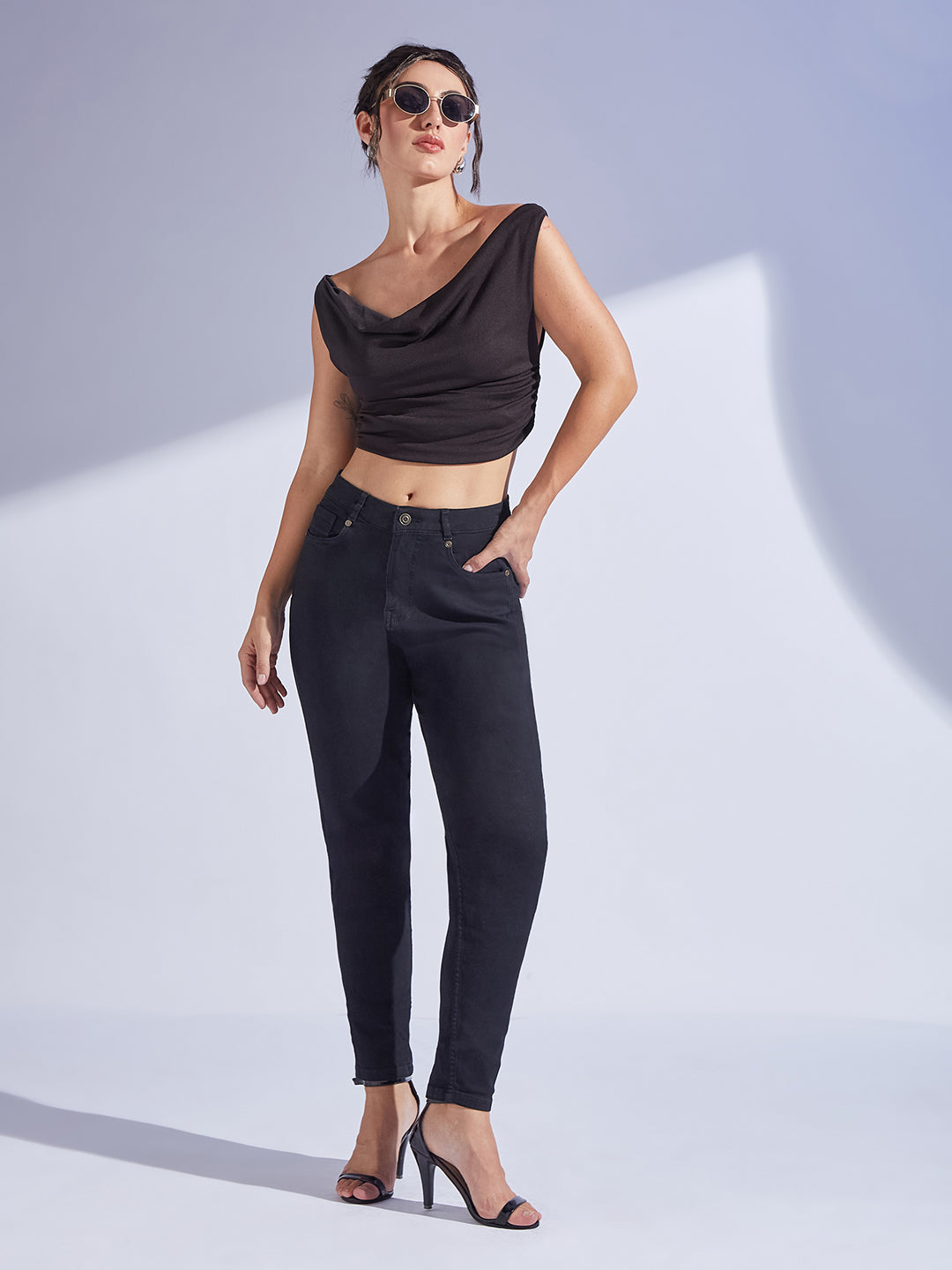 Black High Rise Stretchable Denim Mom Jeans for Women