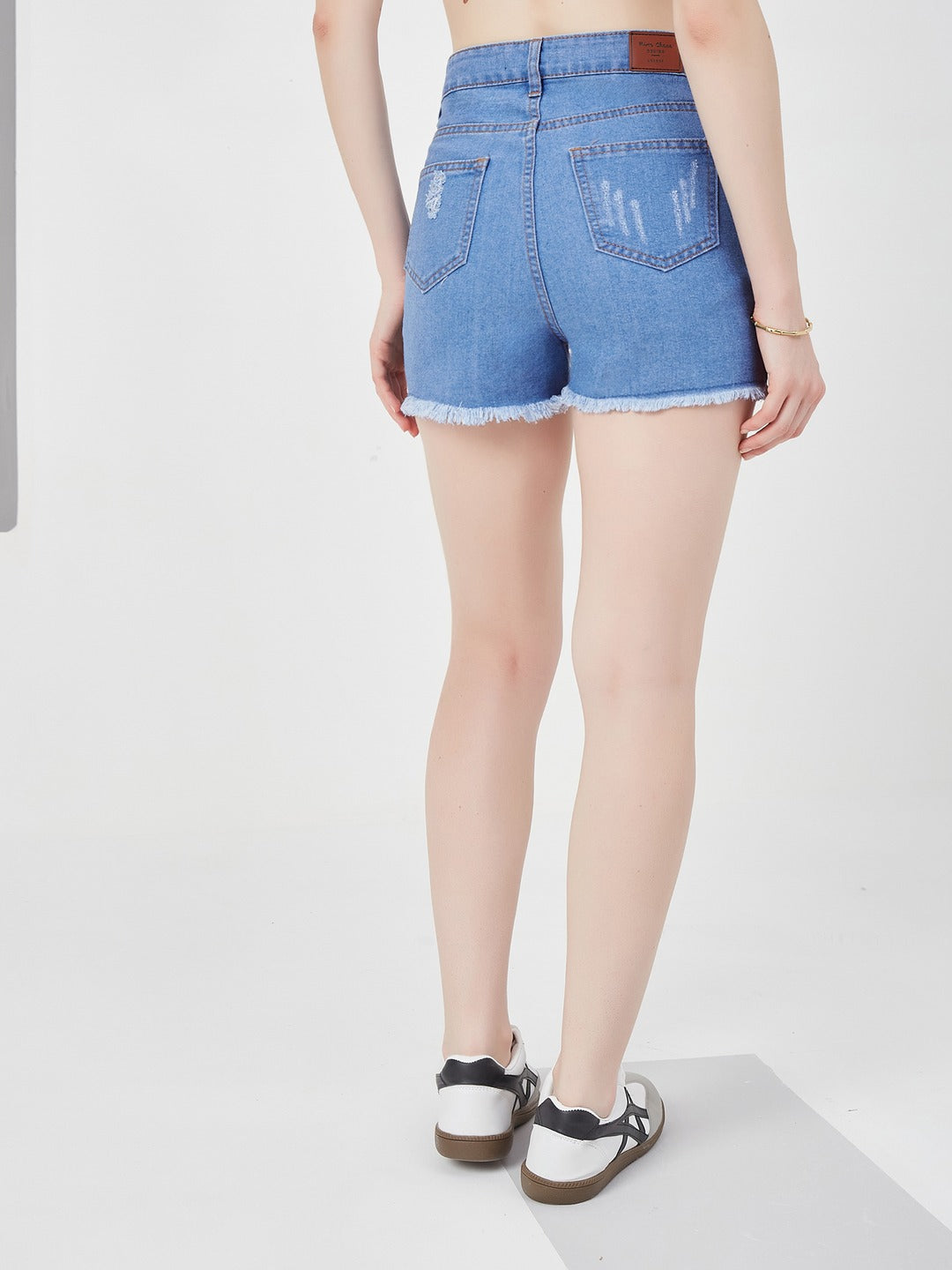 Blue Relaxed Fit Highly Distressed Mid Rise Ripped Denim Shorts for Women