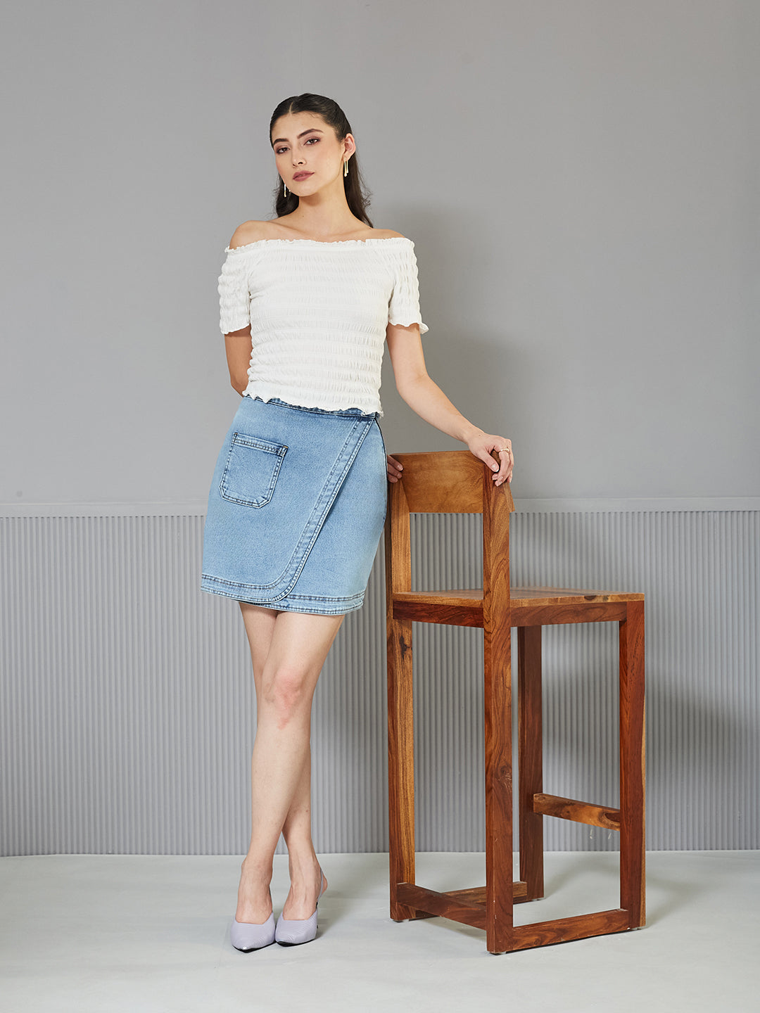 Women's Light Blue Regular High-Rise clean-look Above Knee Stretchable Denim Skirt