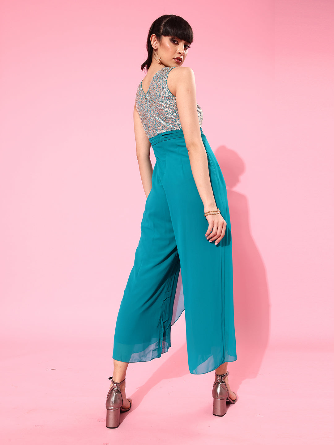 Women's Turquoise Round neck Sleeveless Embellished Layered Regular Jumpsuit