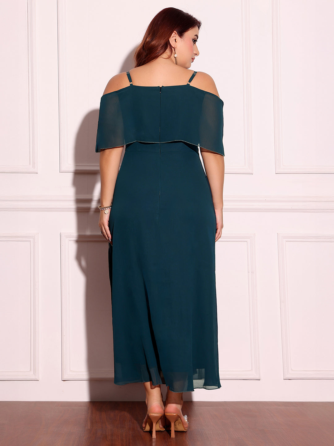 Women's Teal Bardot Style Sleeveless Spaghetti-Straps Solid Off-Shoulder Midi Skater Dress