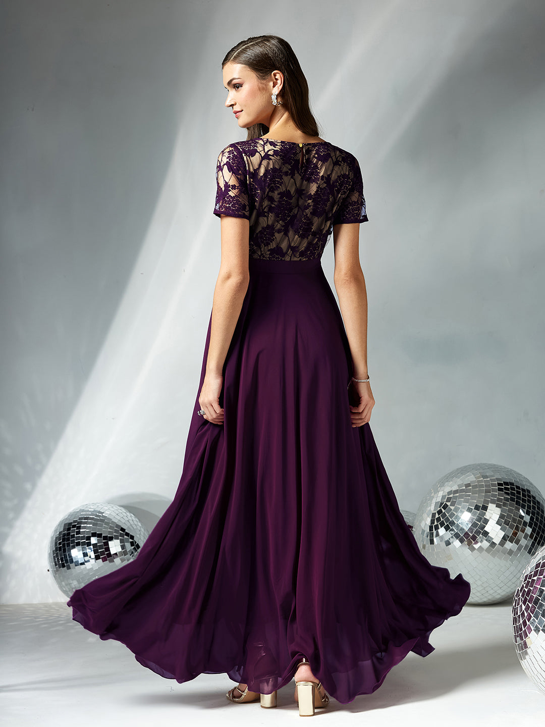 Women's Dark Purple Round Neck Half Sleeve Self Design Fit & Flare Georgette Maxi Dress