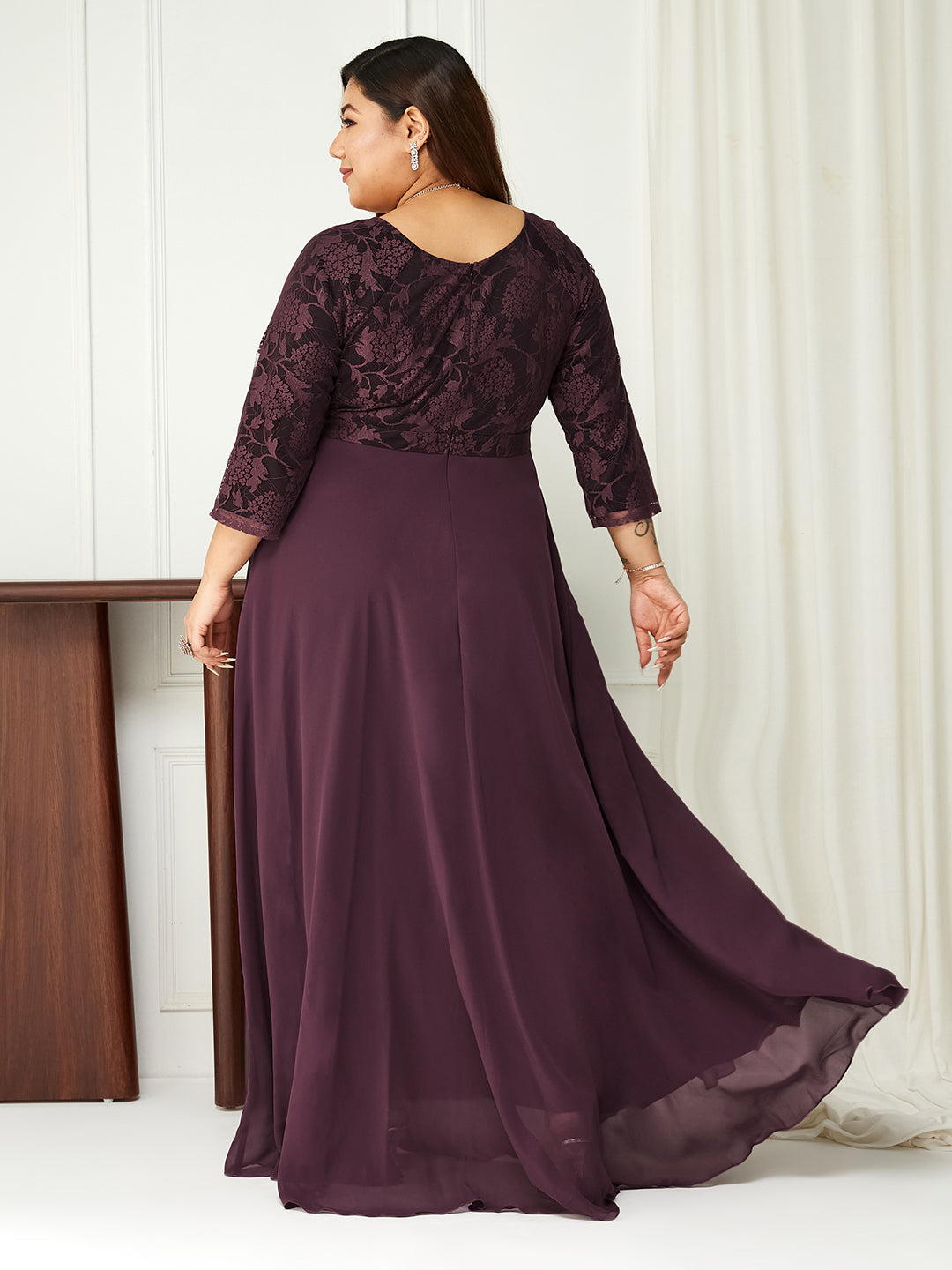 Women's Mauve V-Neck Raglan-Sleeve Self-Designed Empire-Styled Georgette Maxi Dress