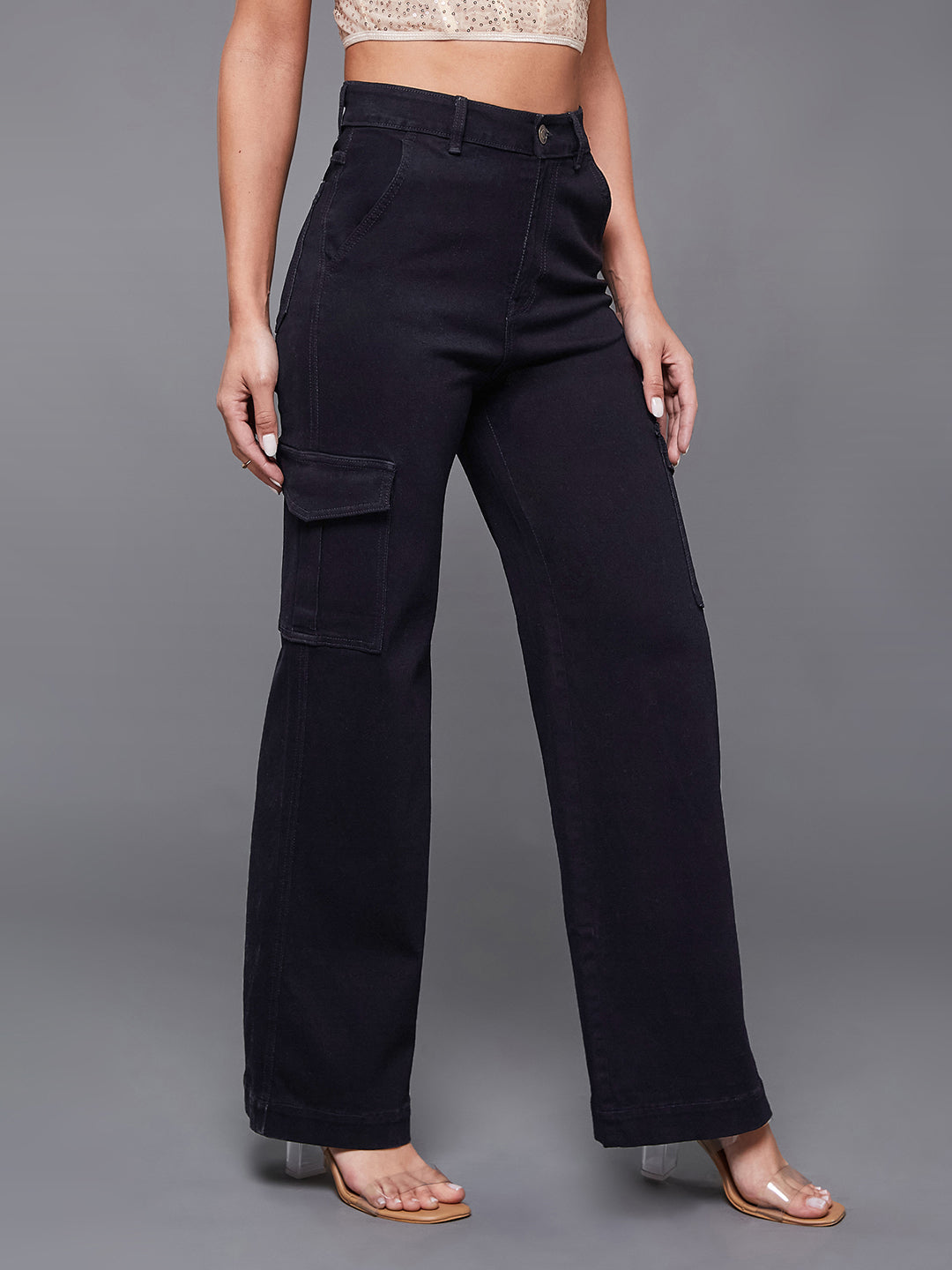 Women's Black Wide-Leg High-Rise Clean-Look Regular-Length Stretchable Denim Jeans