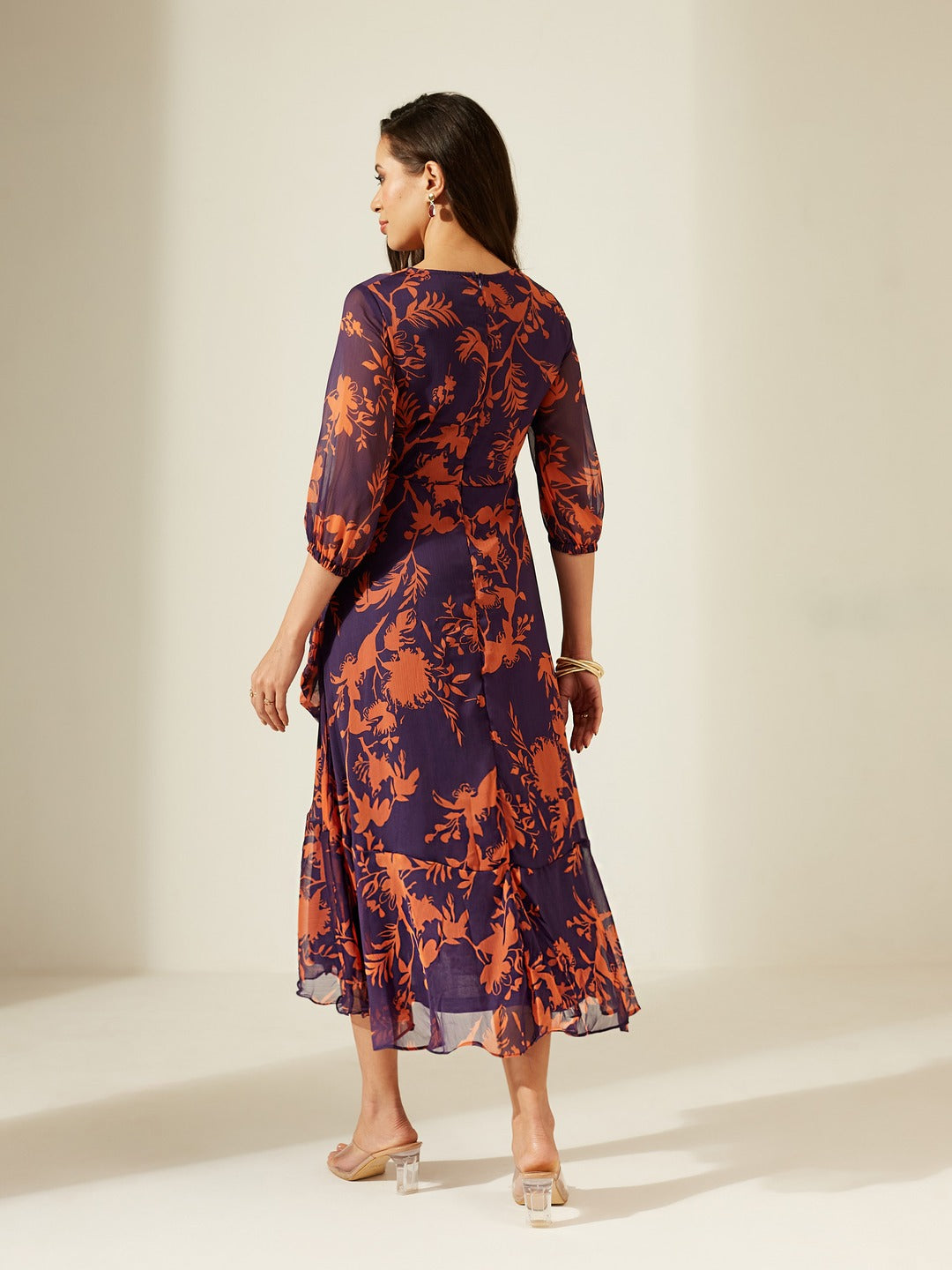 Purple V-Neck Three-Quarter Sleeve Floral Wrap Chiffon Midi Dress for Women