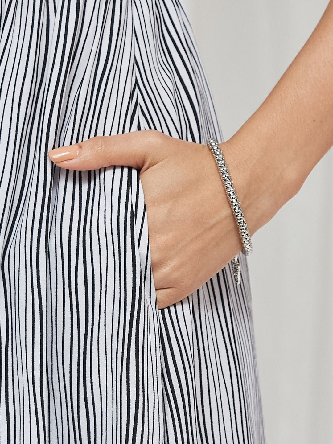 Black and White Half-Sleeved Striped Maxi Dress for Women