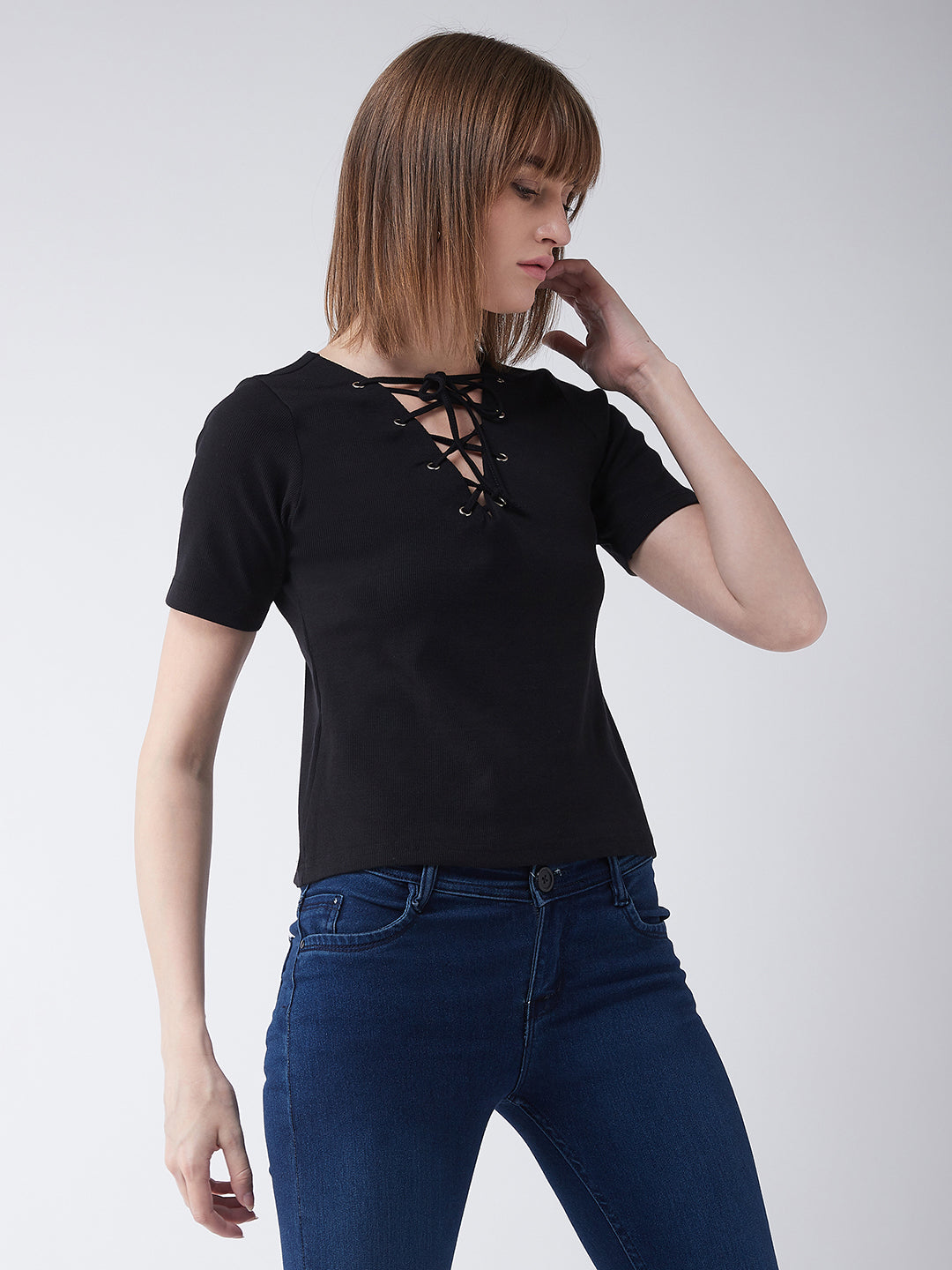 Women's Black V-Neck Short Sleeve Plain Solid Criss Cross Tie-Up Top