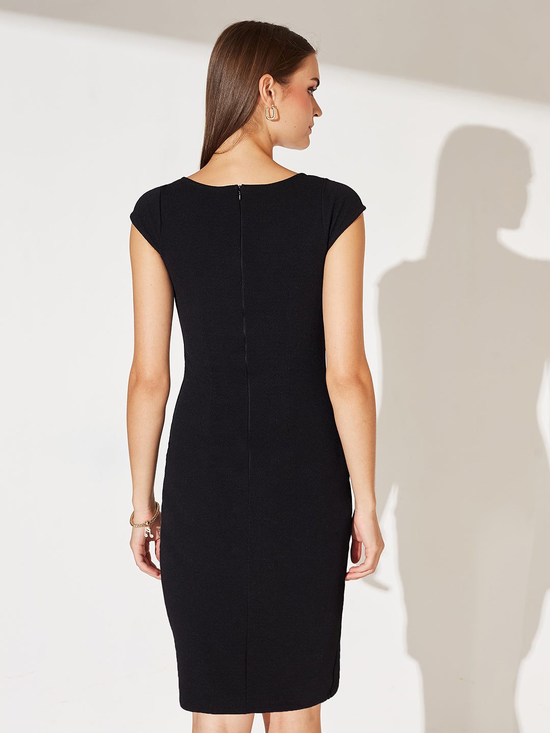 Women's Black Solid V Neck Cap Sleeves Polyester Side Pocketed Knee-Long Dress