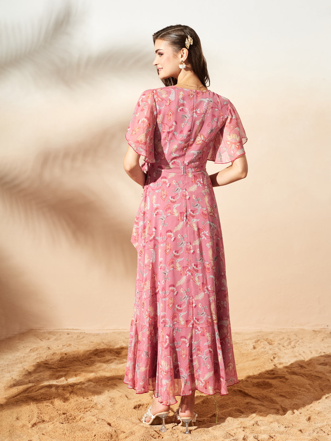 Pink V-Neck Flared Floral Overlap/Tie-Up Maxi Chiffon Dress for Women