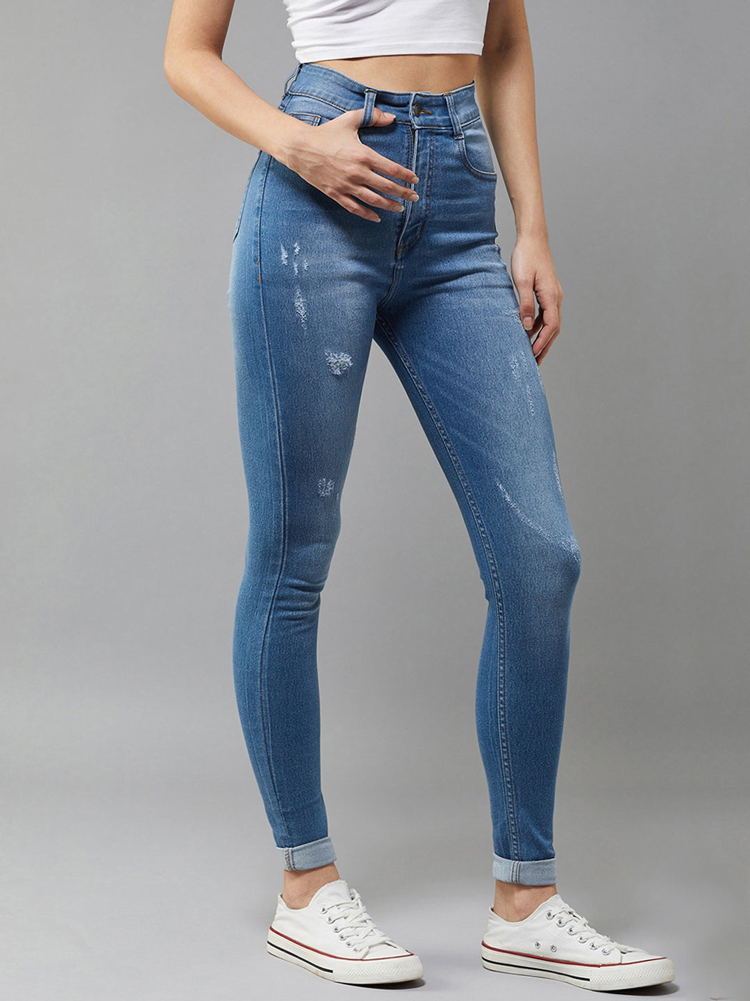 Women's Blue Skinny High Rise Mild Distress Stretchable Denim Jeans