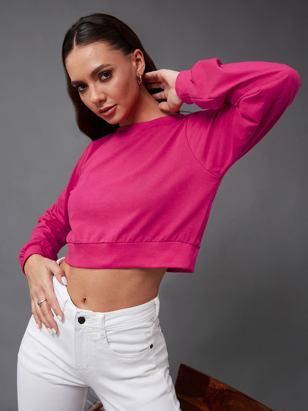 Women's Dark Pink Solid Full Sleeve Round Neck Cotton Crop Tops