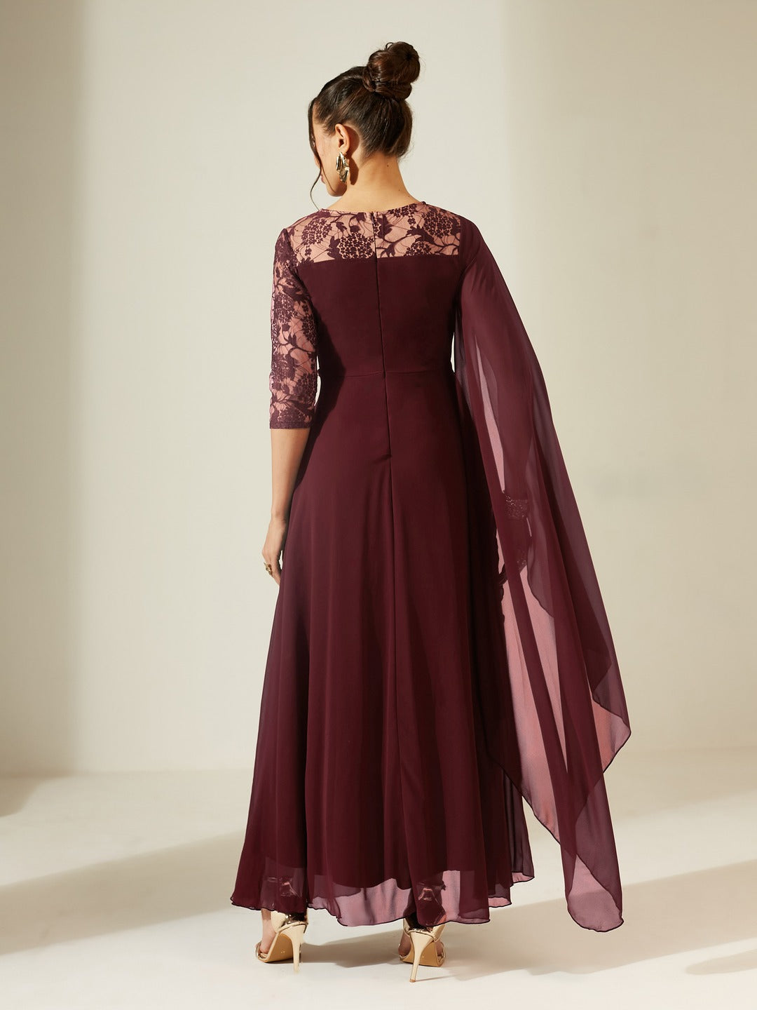 Wine V-Neck Three-Quarter Sleeve Self-Designed Asymmetric Georgette Maxi Dress for Women